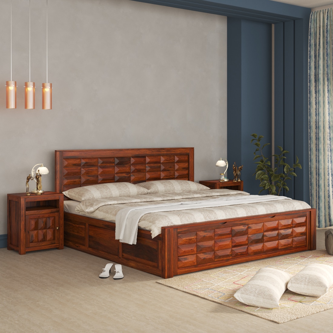 Diamond Box and Drawers Storage King Bed in Honey Finish