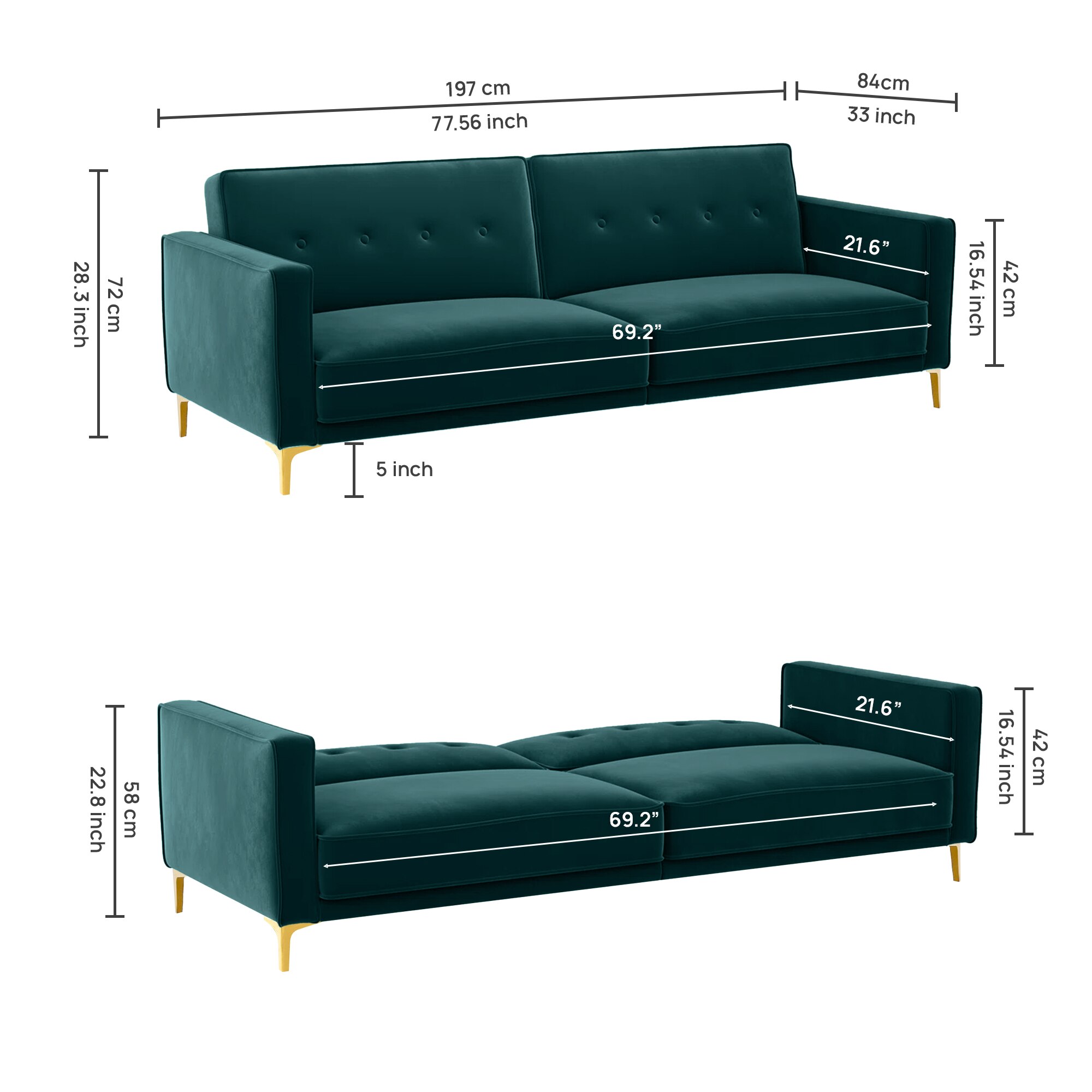 Calisa 3 Seater Velvet Sofa Cum Bed in Teal Blue colour