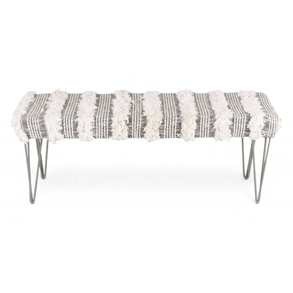 Belmont Sheesham Wood Mid Century 3 Seater Bench With Metal Legs In Grey Fabric