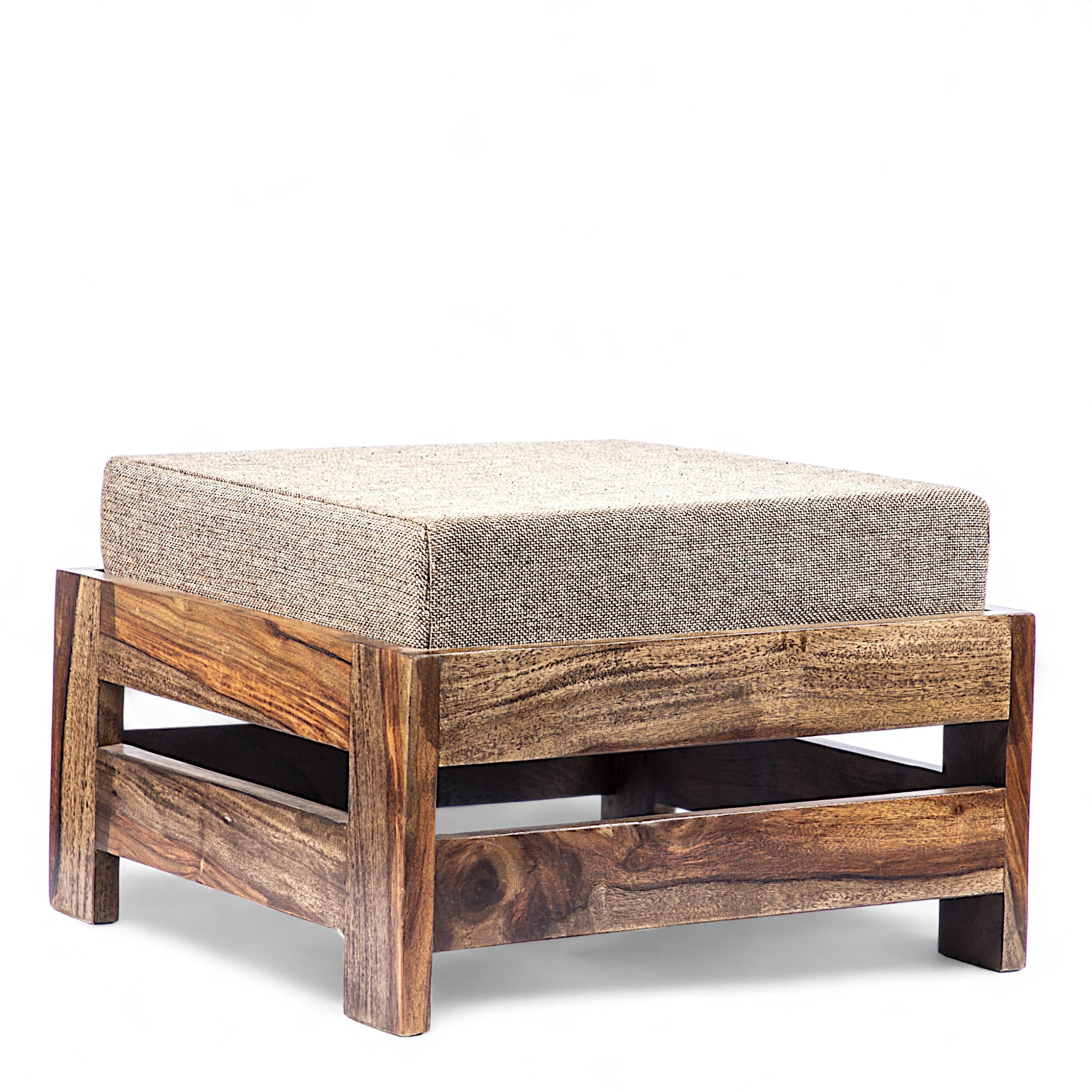 Amber Sheesham Wood Foot Stool in Teak Finish with Jute Beige Cushion
