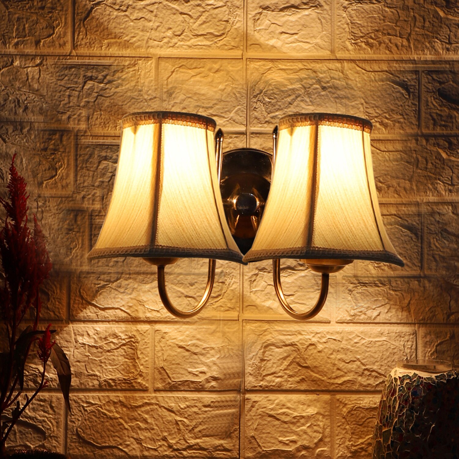 Devansh Dual Steel Metal  Wallmounted Lamp With Cotton Off-White Shade