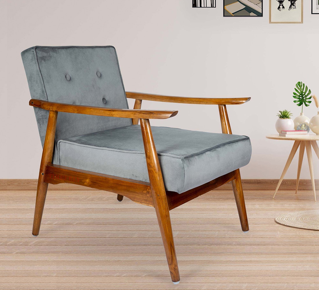 Armari Solid Wood Arm Chair in Grey Color - KURSIWALLAH