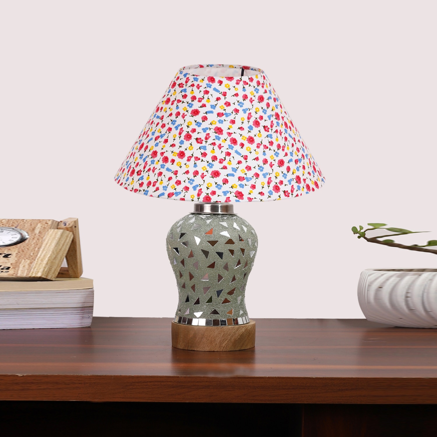 Devansh Conical Multi Cotton Shade Lamp With Wood & Mosaic Glass Base For Decoration/Office/Home/Gifting/Study For Decoration/Office/Home/Gifting/Study -(10X10X14.5) Inches -A
