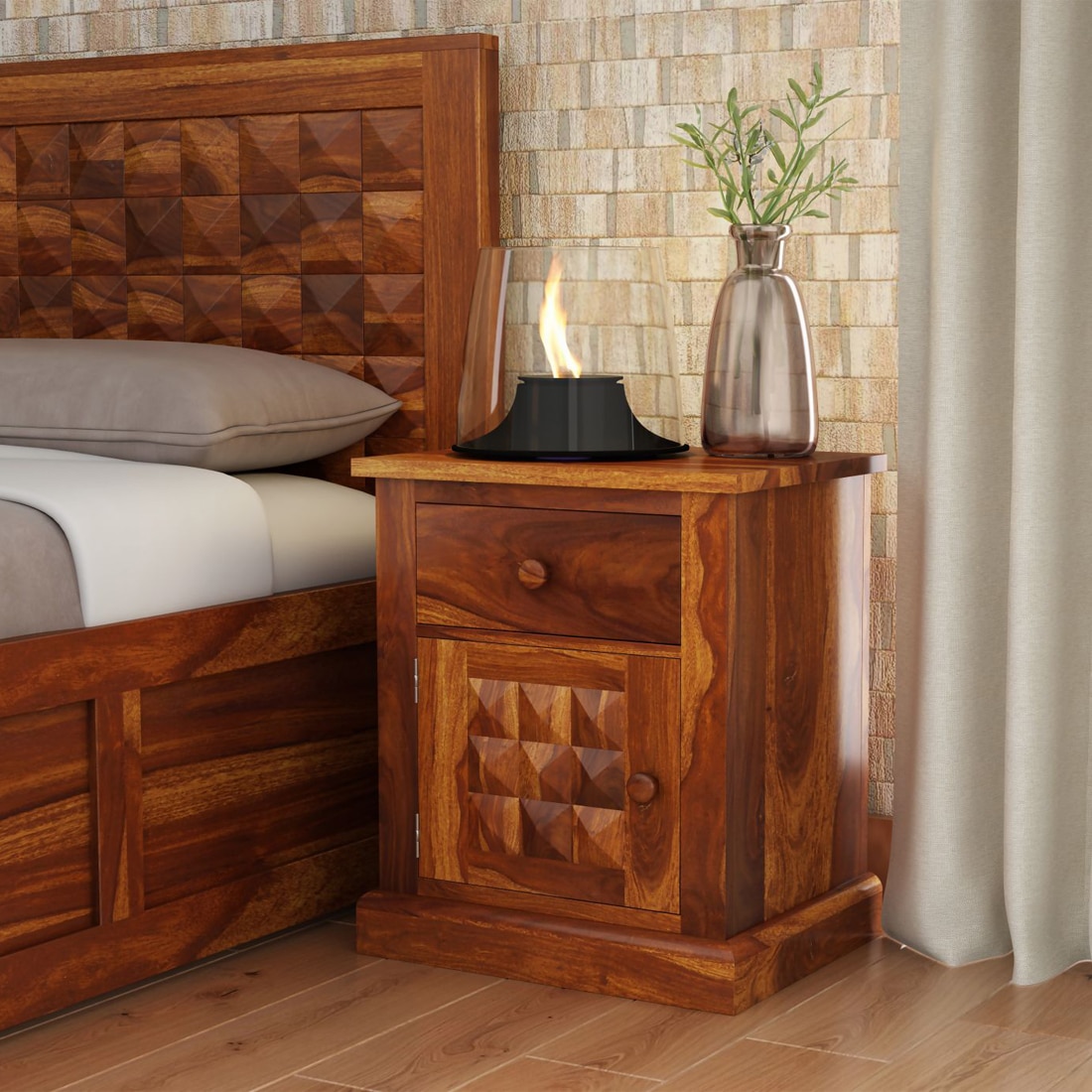 Diamond Solid Wood Bedside Table in Honey Finish - Woodenmood