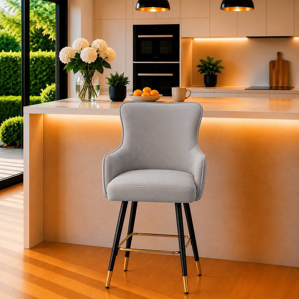 Doe Buck Nolen Upholstered Bar Stool in Grey Colour with Gold Tip Legs - Doe Buck