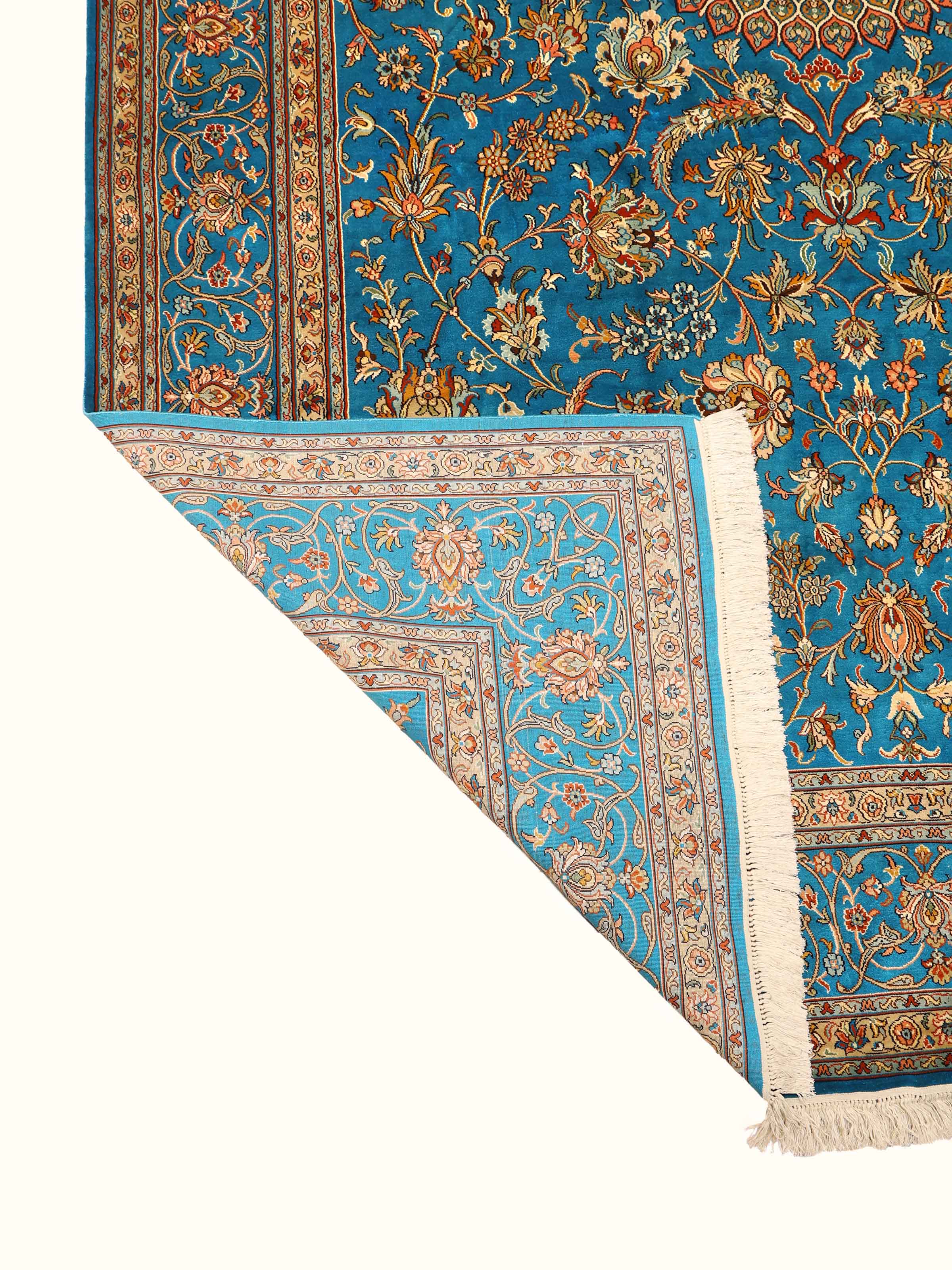 Traditional Persian Azure Cream Medallion Kashmir Silk Hand-Knotted Carpet