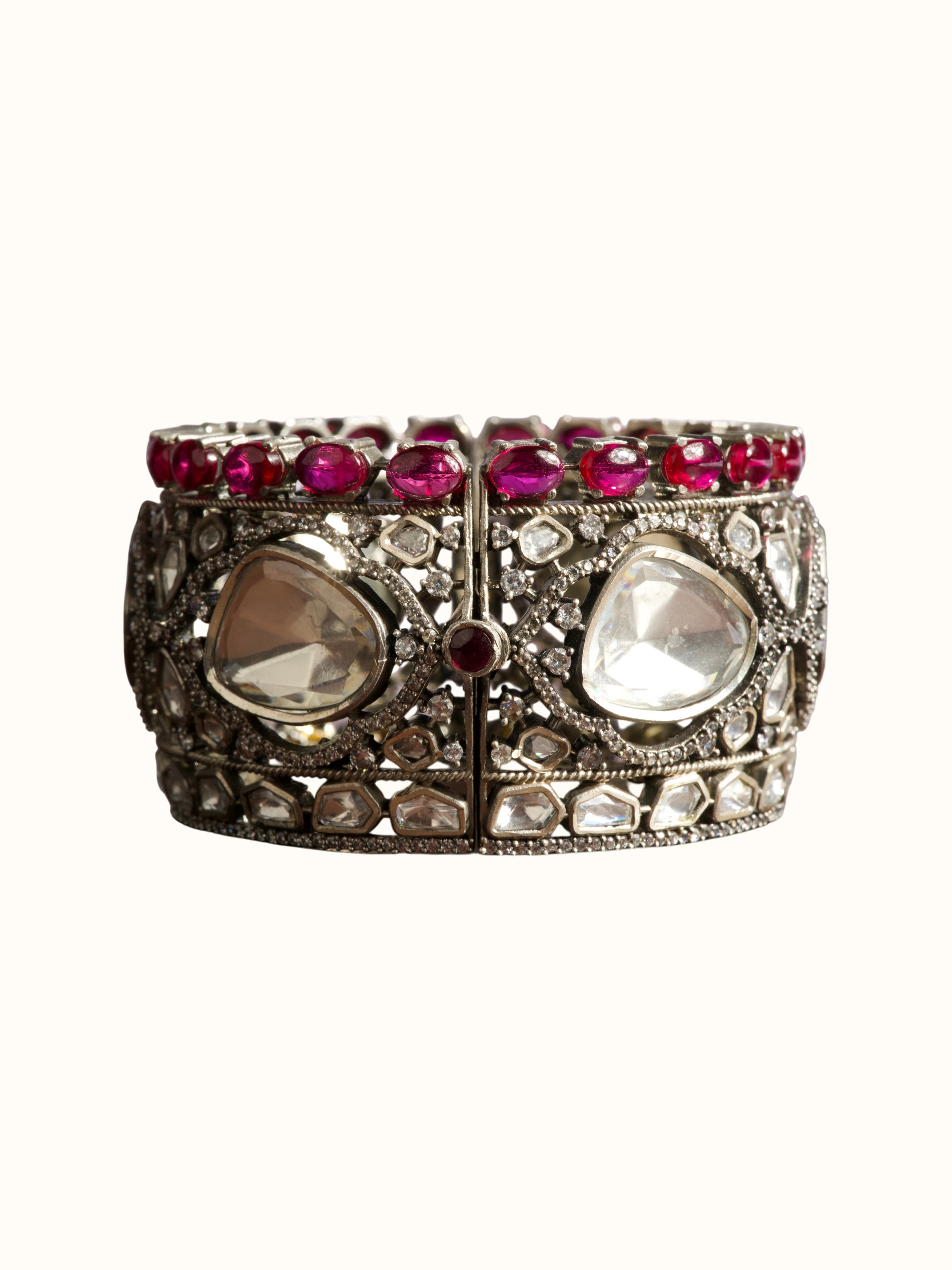 close-up view of dank polki silver bangle detailing