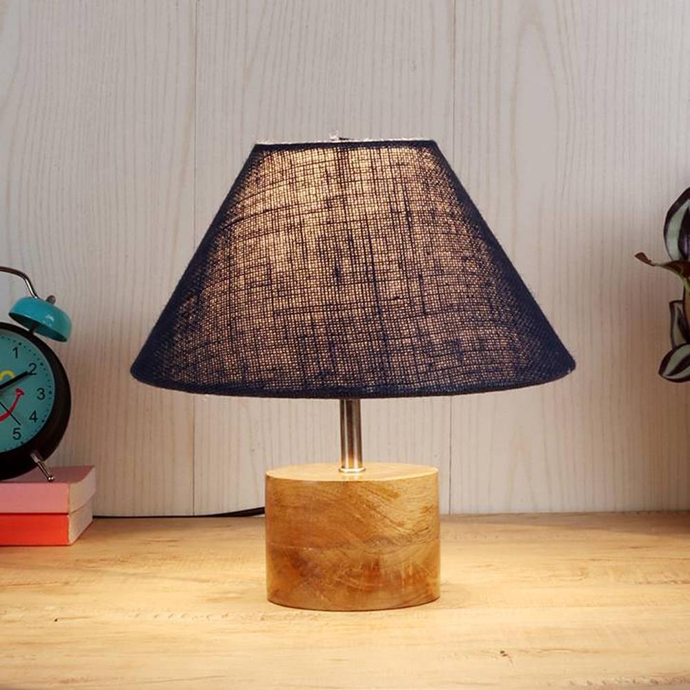 Carson Blue Natural Fiber Shade Table Lamp with Natural Wooden Base - Devansh