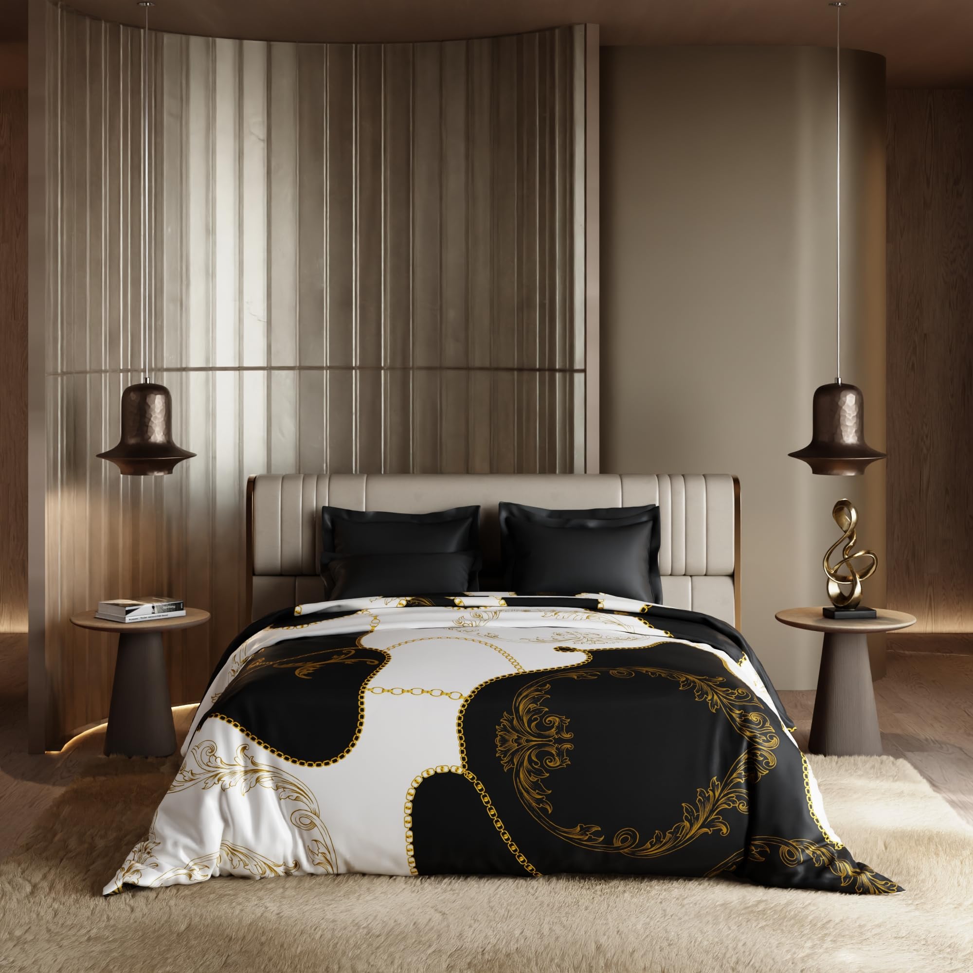 Stoa Paris Satin Comforter, 300TC Comforters for King Size Bed or King Deep Black - Ivory White Gold - Stoa Paris