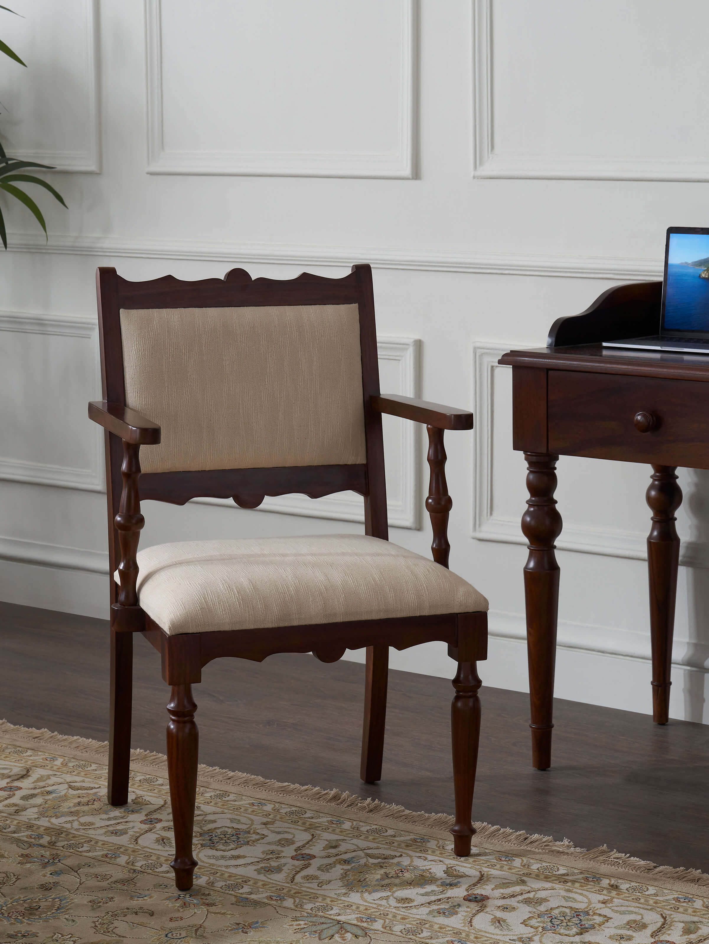 Side view of Upholstered Sheesham Wood Study Chair featuring a comfortable design with plush upholstery and sturdy wood frame.