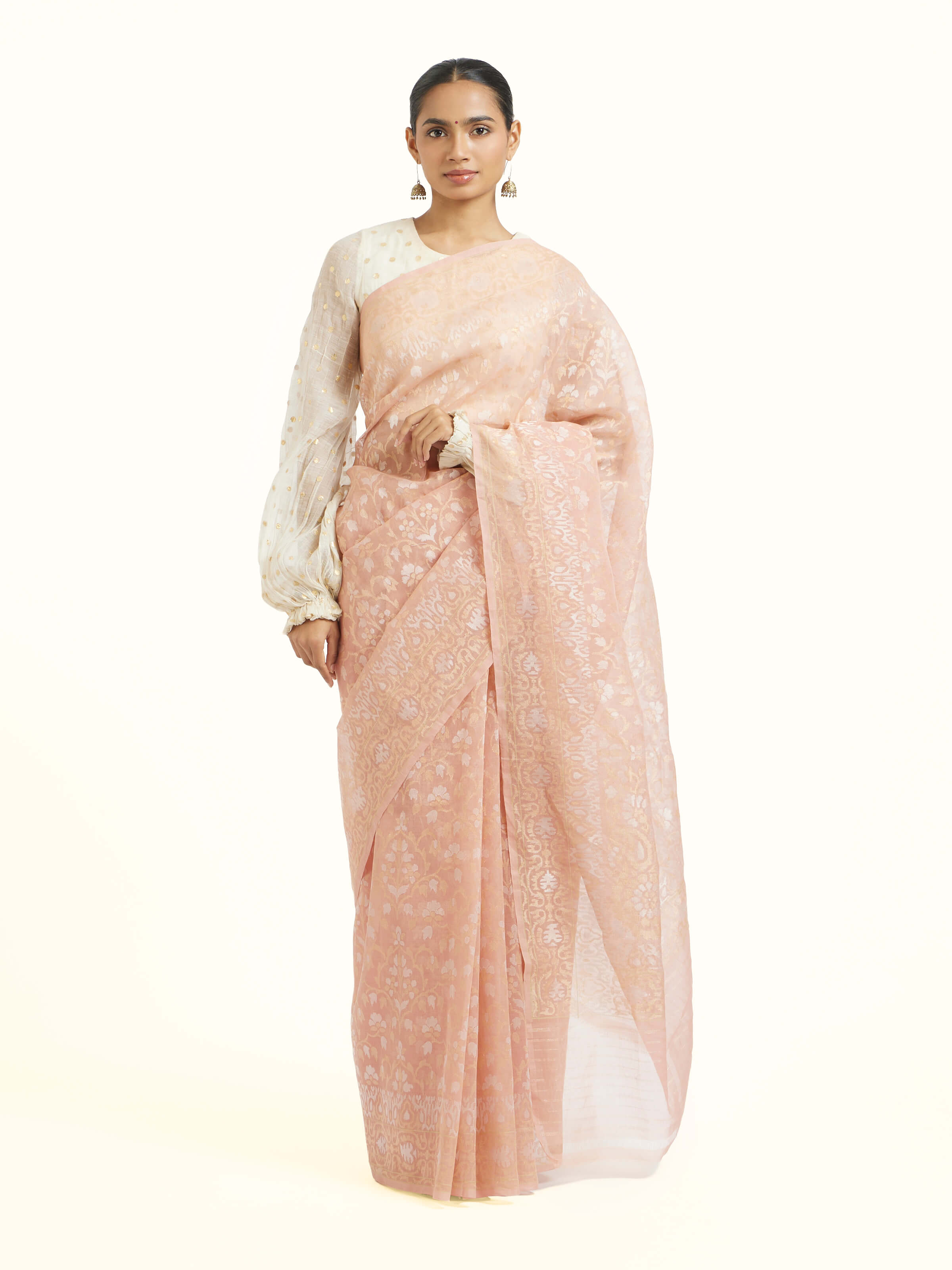 Tan Cotton Awadh Jamdani Banarasi Saree