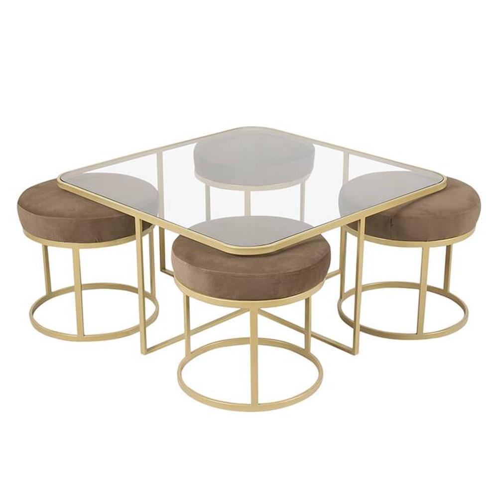 Benton Nesting Clear Glass Coffee Table Set With 4 Stools In Gold Finish