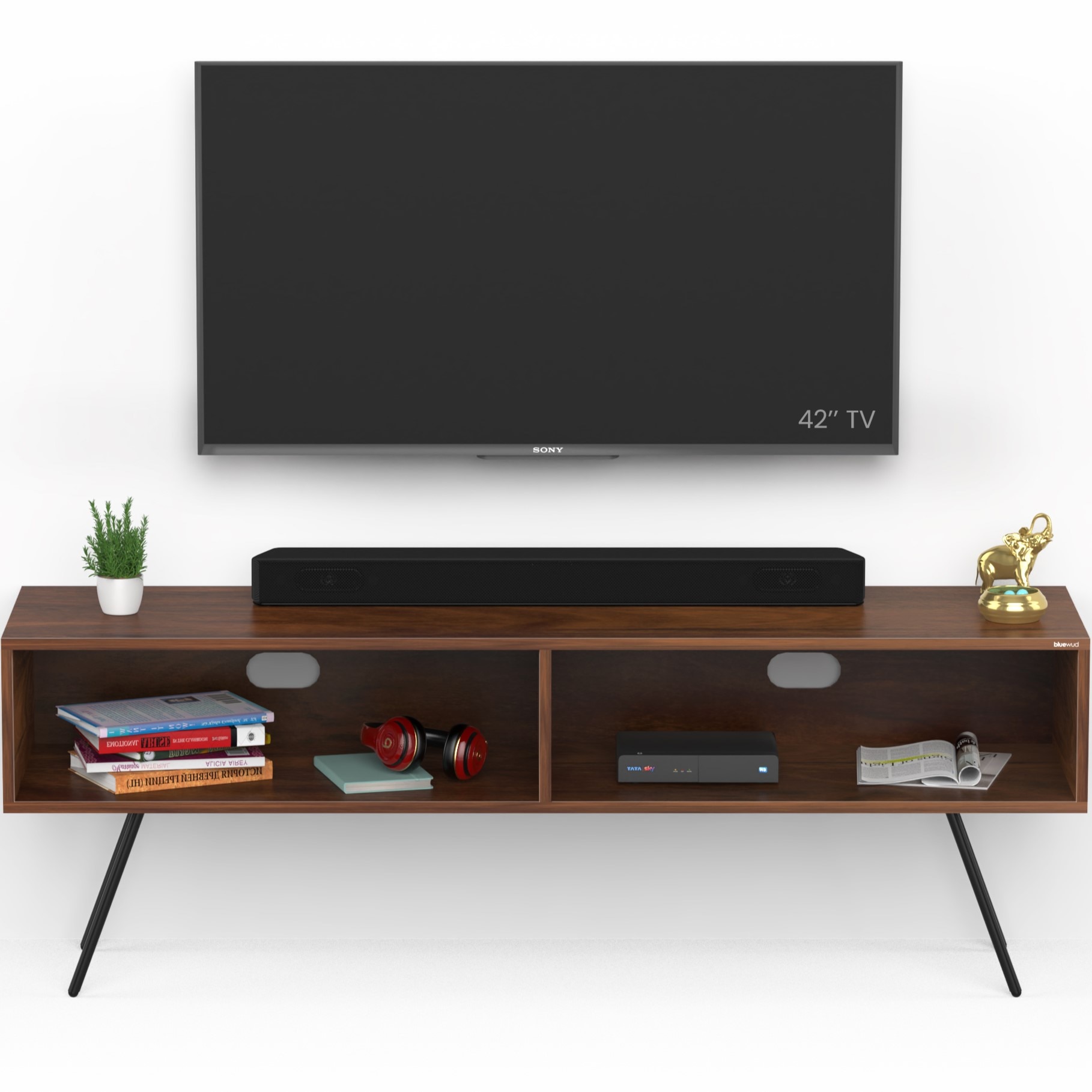 BLUEWUD Averyl Engineering Wood TV Entertainment Unit Set Top Box Stand/TV Cabinet Panel with Shelves for Books & D�cor Display Unit with Black Pencil Legs, Ideal for 55 Inches (Brown Maple)