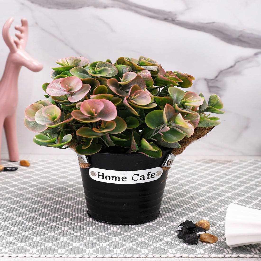 Artificial Green & Pink Eucalyptus Plant With A Rope Tied To Pot For Interior Decor