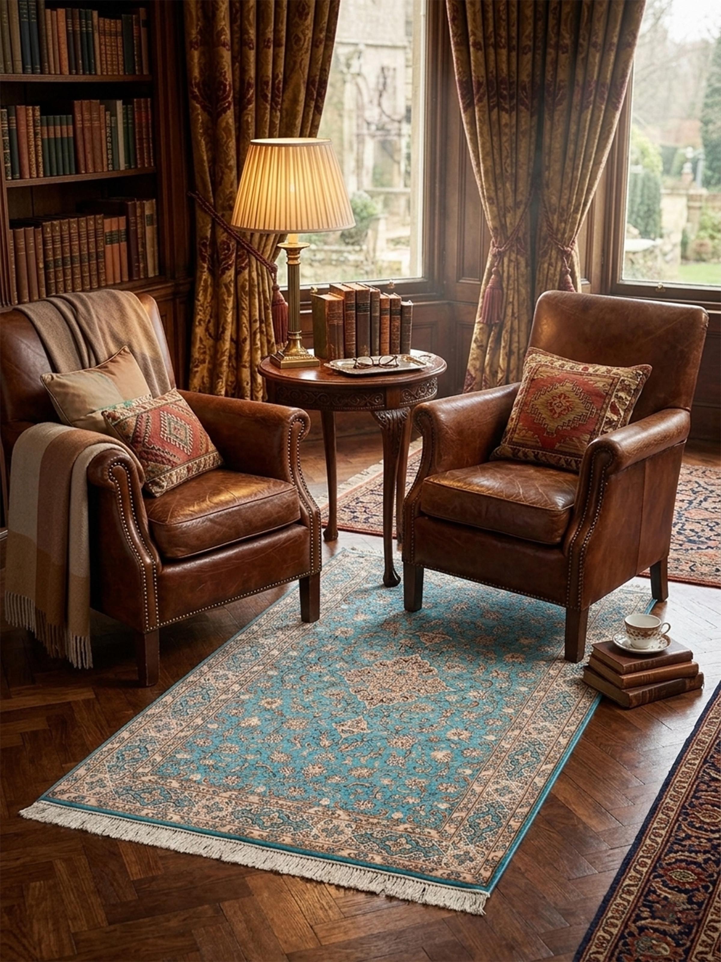 Traditional Persian Turquoise Medallion Kashmir Silk Hand-Knotted Carpet