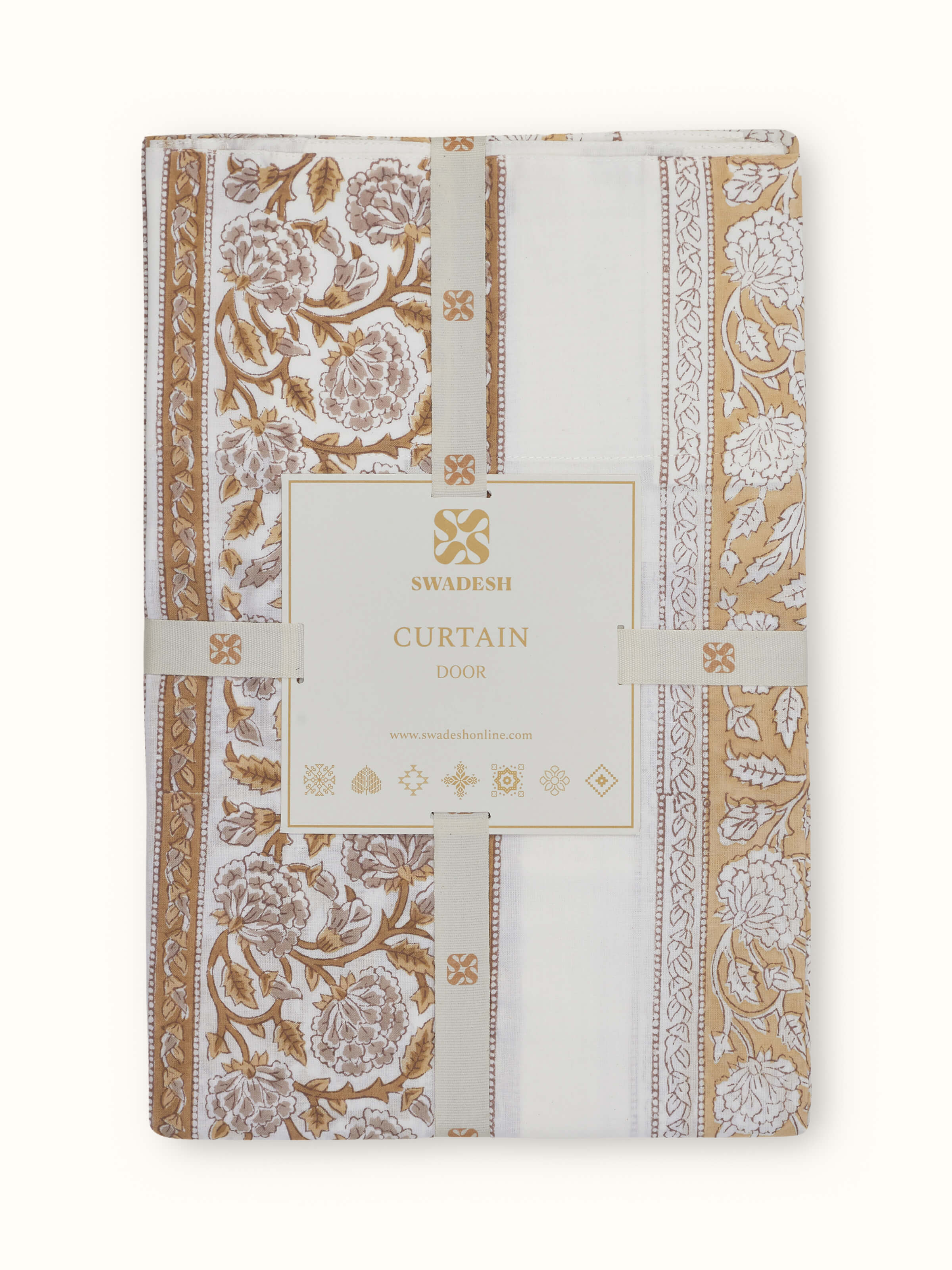 Border and stitching detail of brown cotton printed curtain