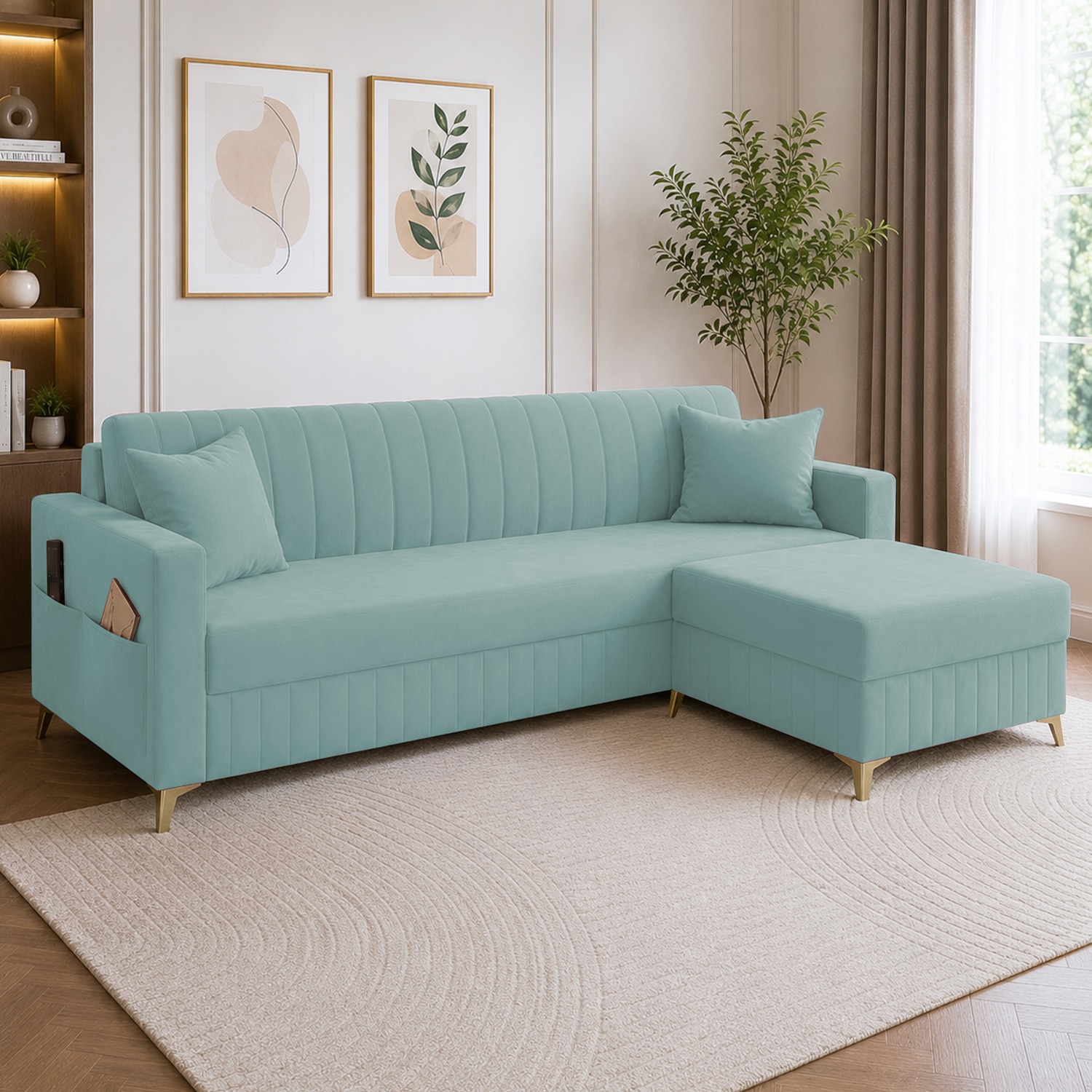 Convil Velvet L Shape 4 Seater Sofa in  Tourquise Color - Home Lifestylez