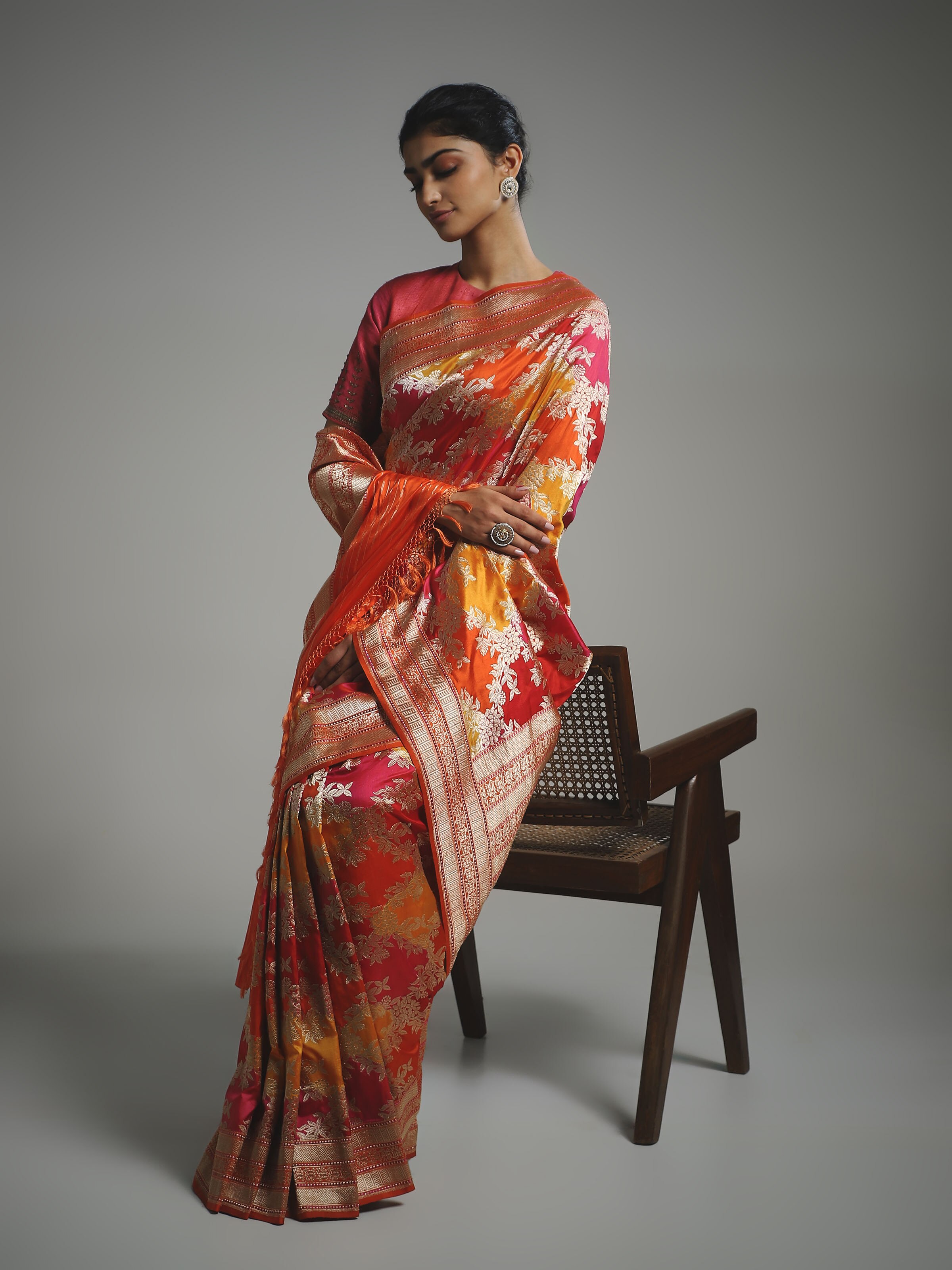 Side view of silk rangkat Banarasi saree showcasing rich drape