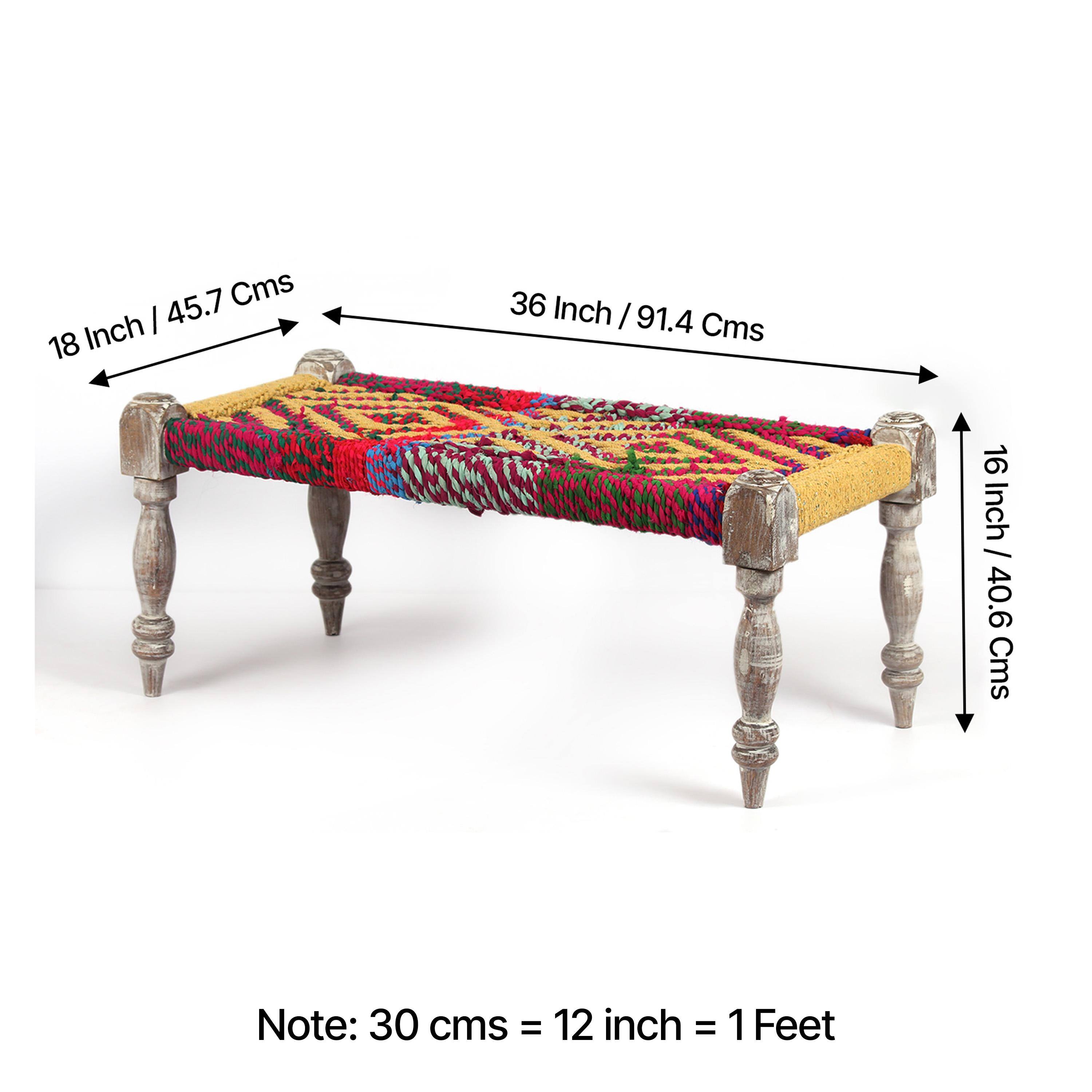 Oakville Sheesham Wood 2 Seater Maachi Bench In Assorted Multi-Colour Chindi & Yellow Rope Canning