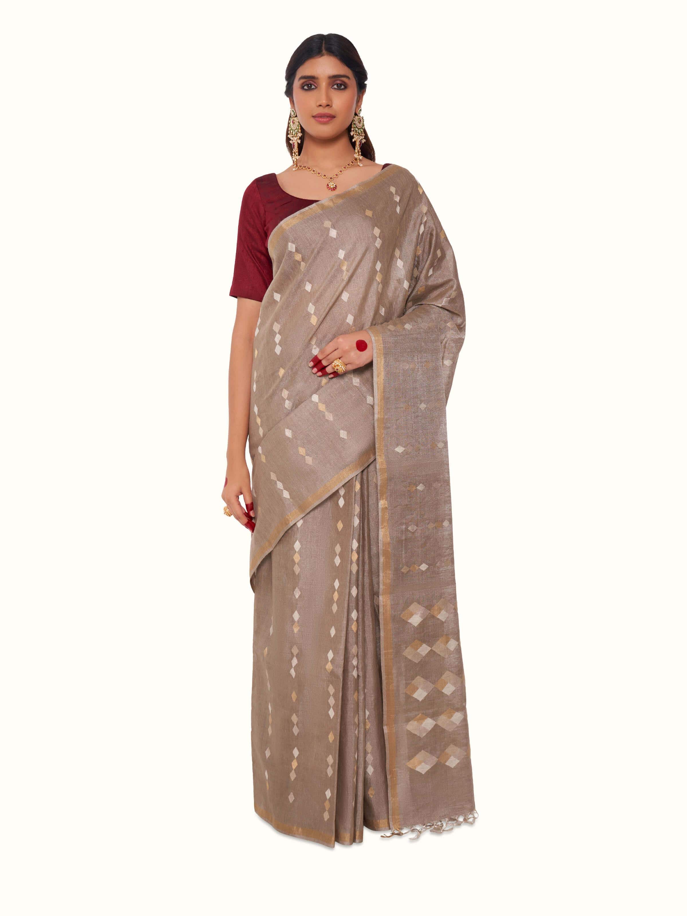 Light Grey Tussar Silk Saree