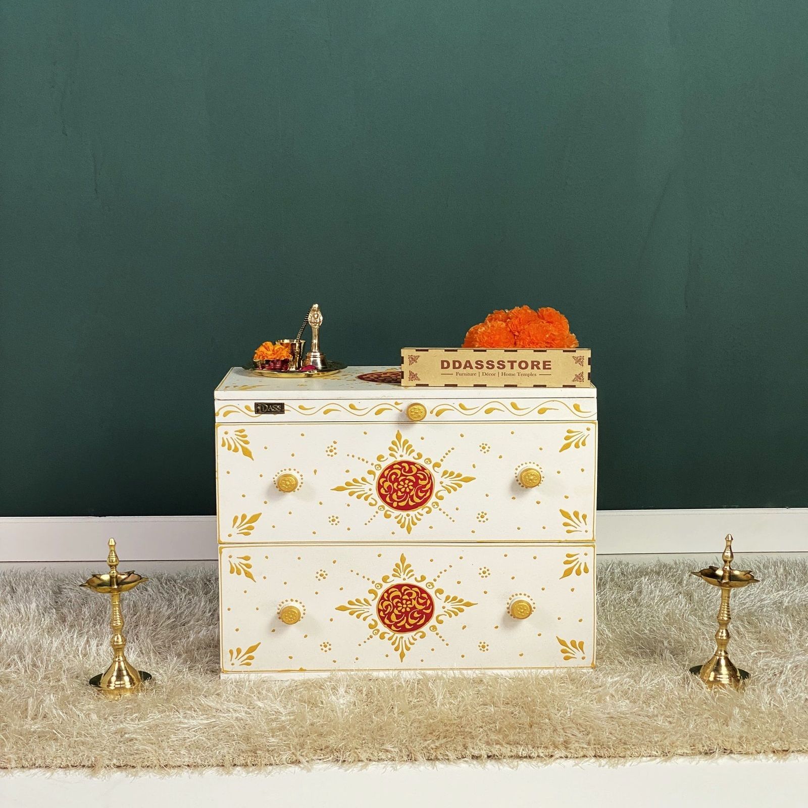 D'Dass Multi Color Mdf and Sheesham Wooden Temple With Cabinet For Pooja - D'DASS