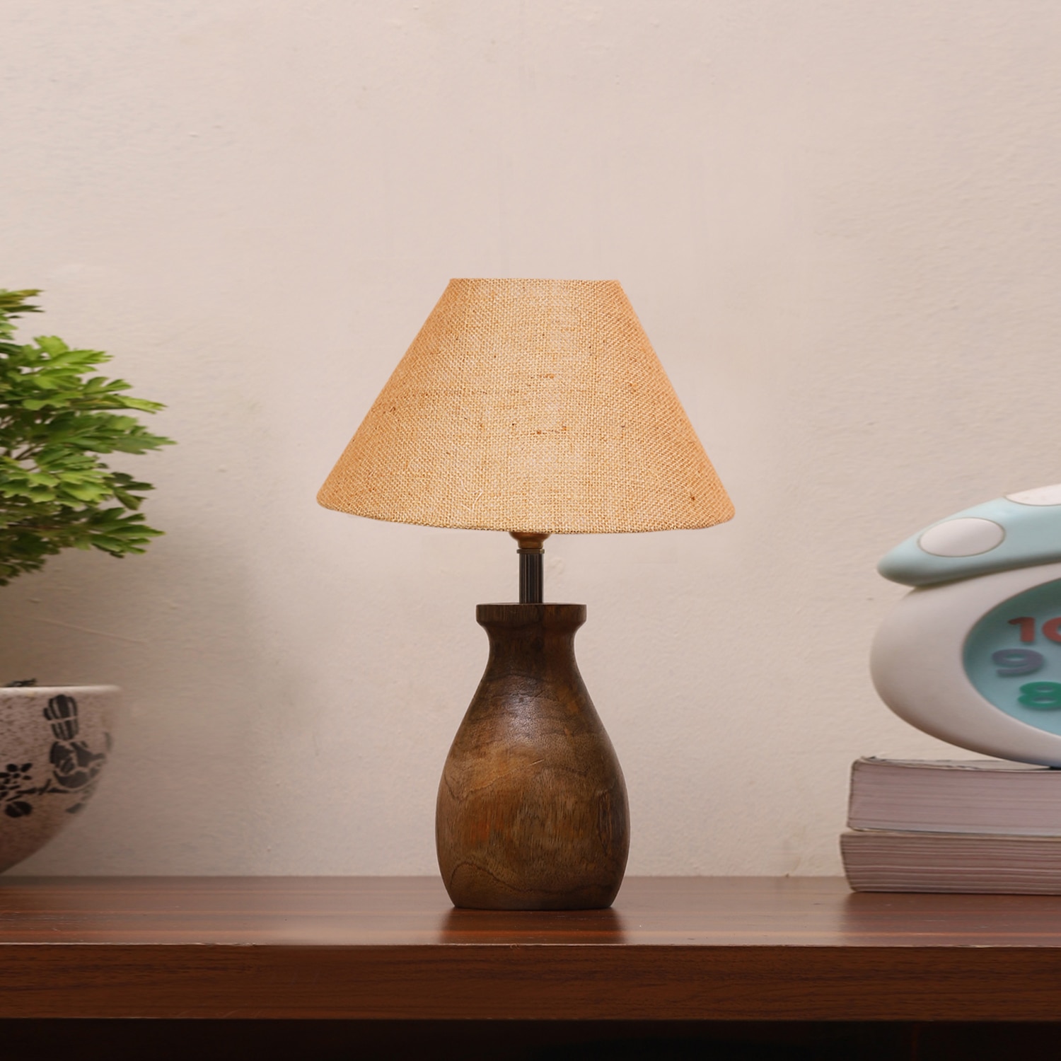 Devansh Beige Jute Table Lamp With  Wood Natural Base(10X12.5 Inches)-32 - Devansh