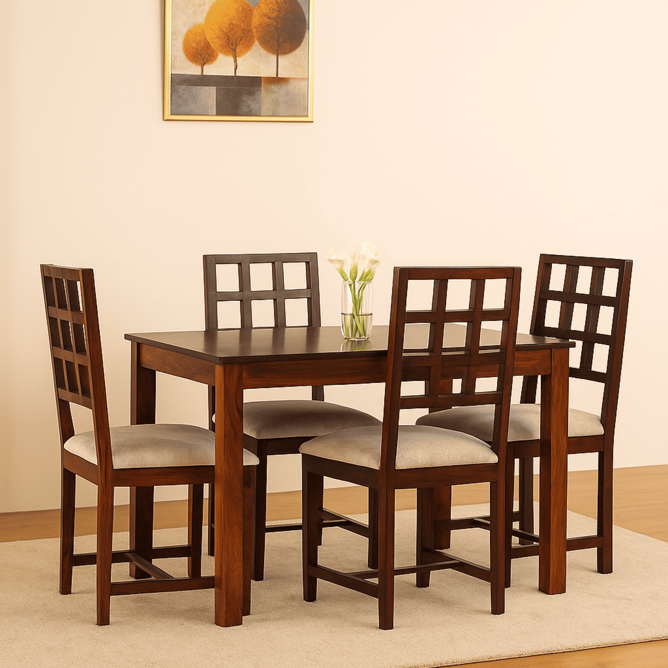 Globally Indian Sheesham Wood 4 Seater Dining Table Set With 4 Seater  Cushioned Chairs - Block Backrest