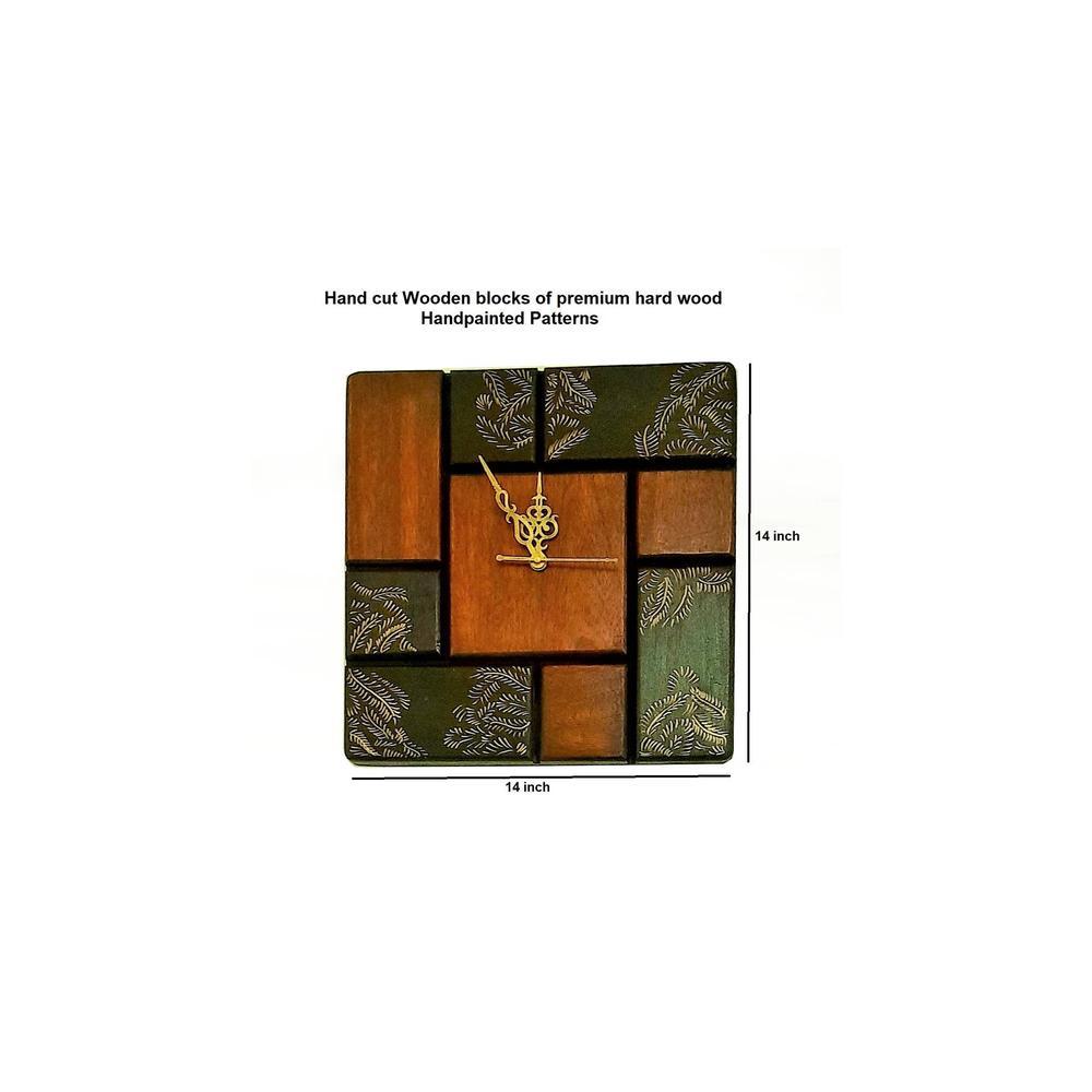 Brown & Black Colour Wooden Square Wall Clock with Handpainted Mandala Art without Glass and Numbers