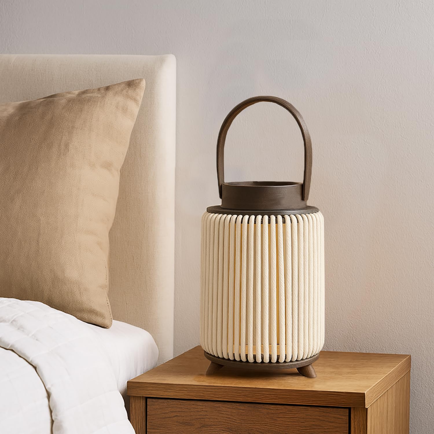 Luxe Home Hanging Bamboo Lantern with Handle or Glass Jar - 2025-332- Beige (26x17x17 cm)