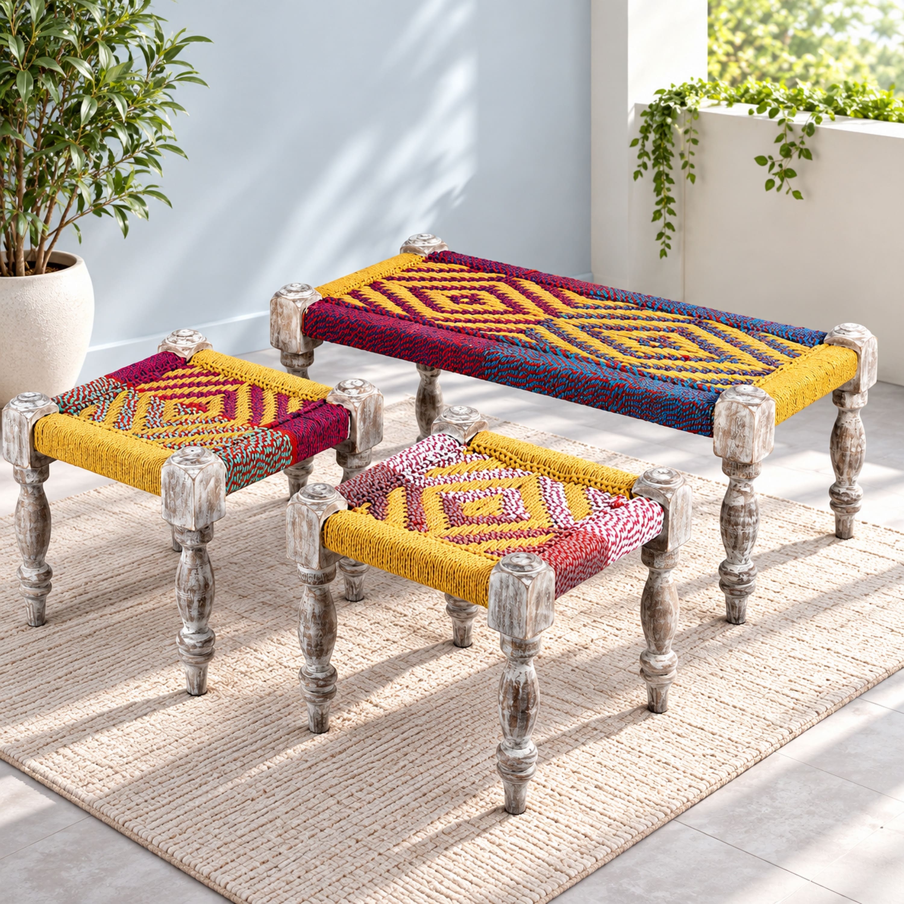 Oakville Sheesham Wood Vintage 3 Seater Maachi Balcony Bench with 2 Stools in Multi Colour