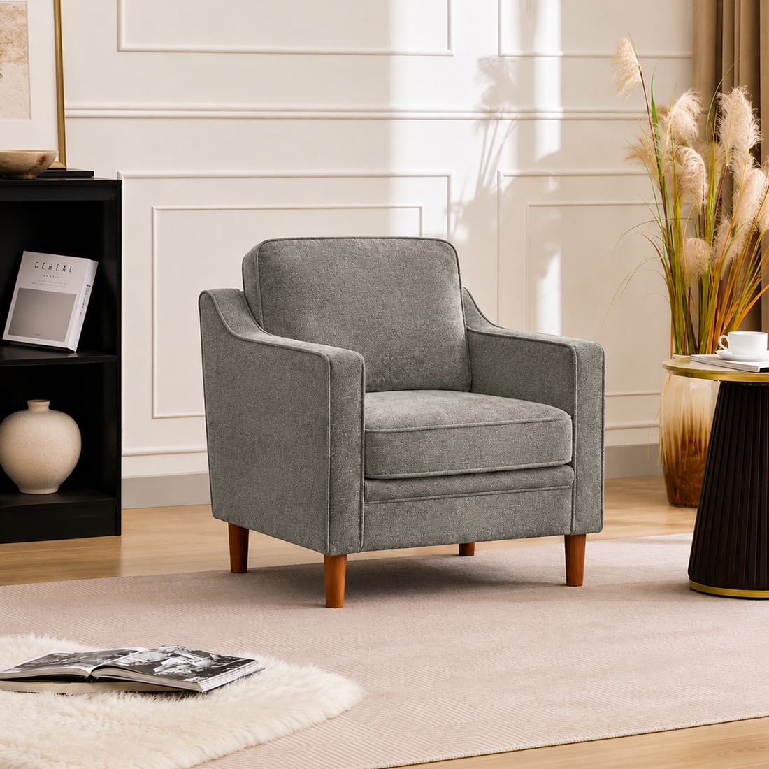 Menta Boucle Fabric Lounge Chair in Grey Colour - KURSIWALLAH