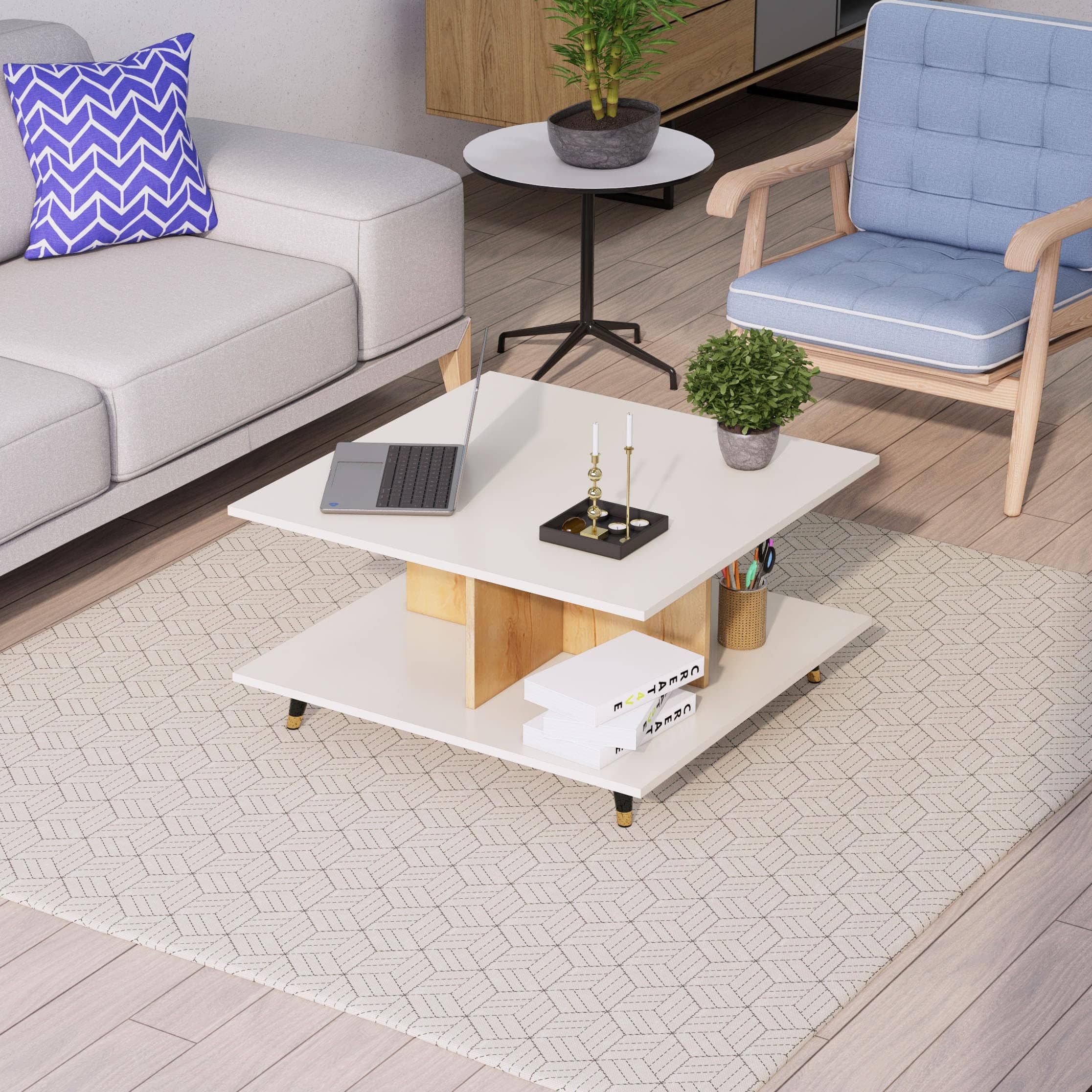 Hexa Engineered Wood Coffee Table With Metal Legs In Giant Wood And Frosty White - HexaRed