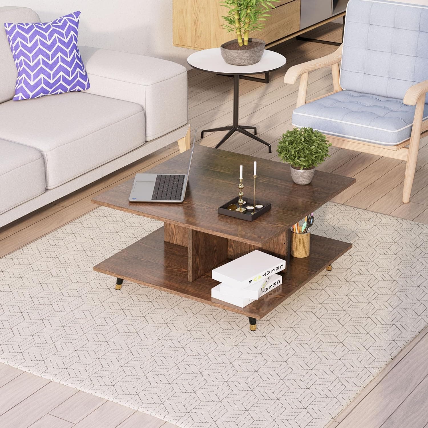 Hexa Engineered Wood Coffee Table With Metal Legs In Flower Wenge - HexaRed