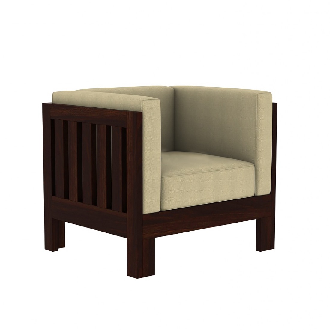 Prashiv 2+1+1 Seater Wooden Sofa (Creame Colour, Walnut Finish)