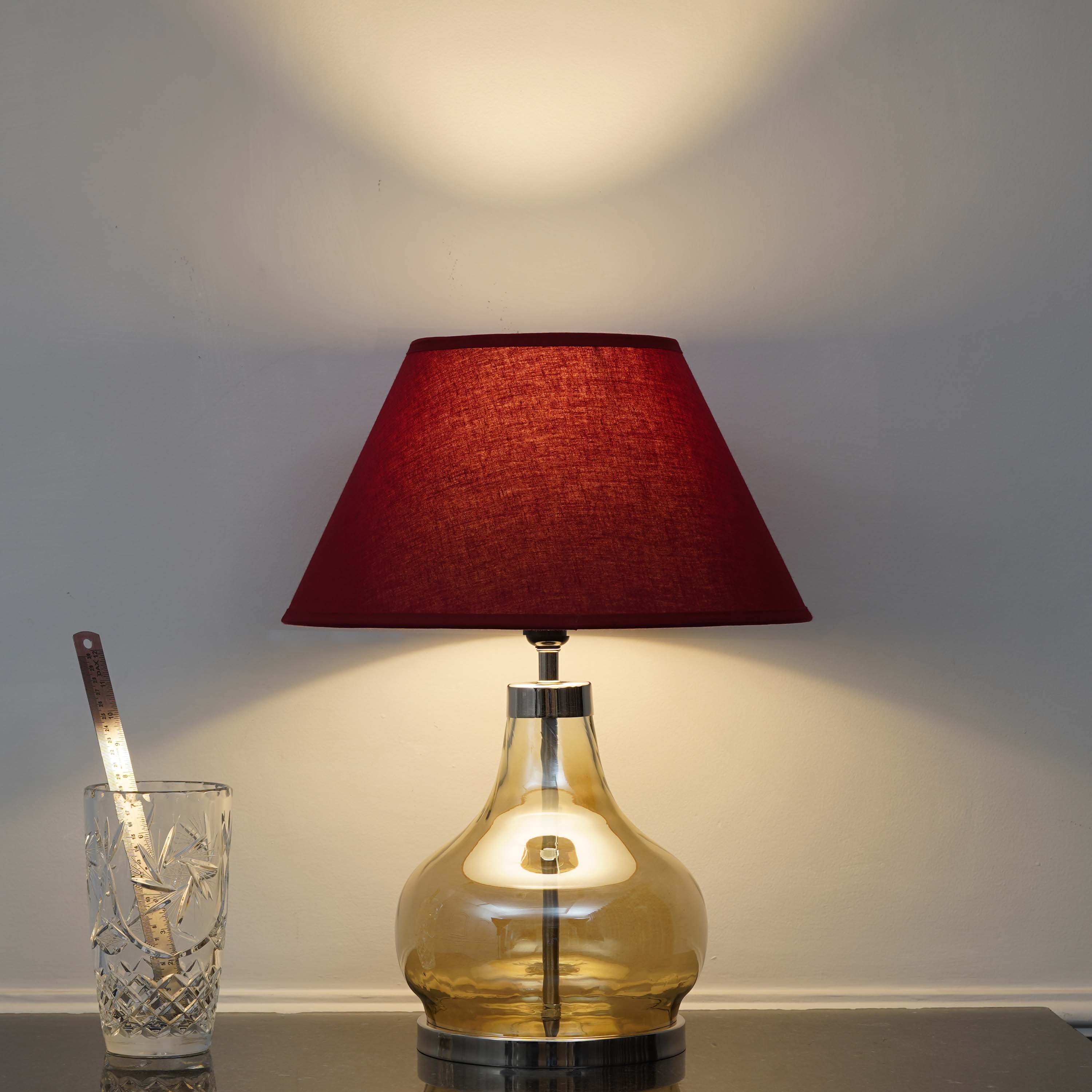 INGRAM Smoke Glass and Metal Table Lamp With Maroon Cotton Shade