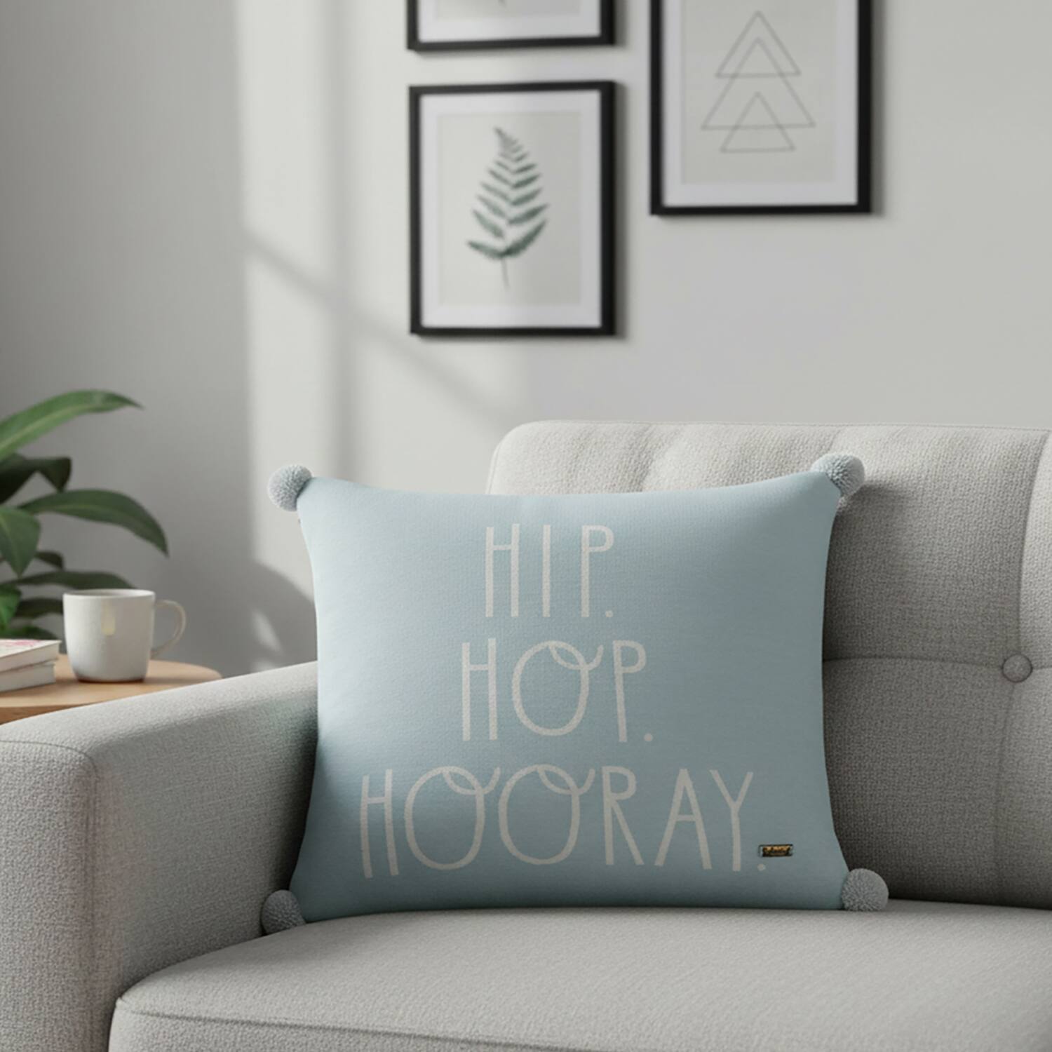 Hip Hop Hooray Jacquard Cushion Cover With Pom Poms Blue 16X16 Inches - Pluchi