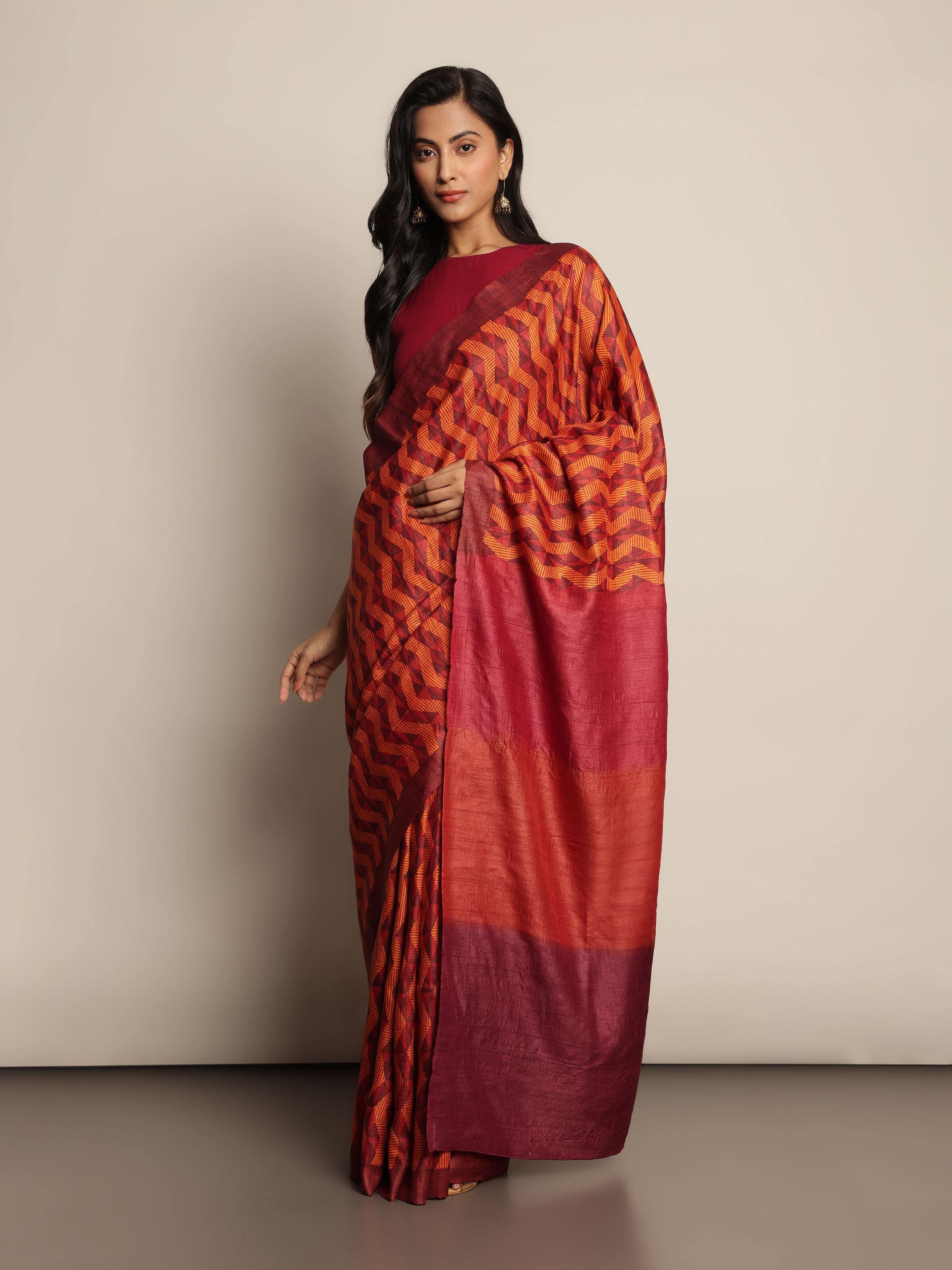 Rust Tussar Silk Discharge Block Printed Saree