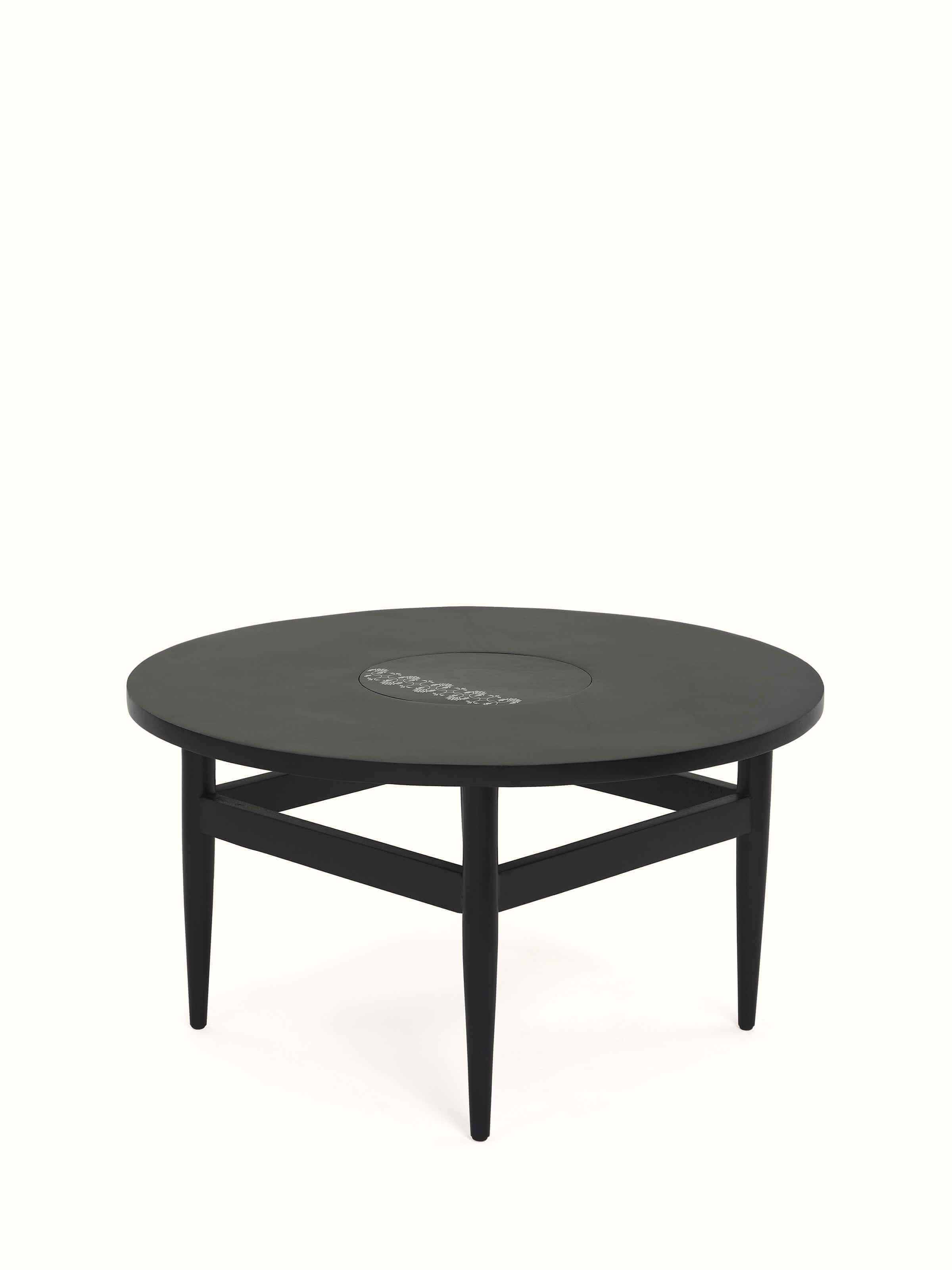 Front view of Swadesh Mango Wood & Metal Bidriware Coffee Table showcasing intricate Bidriware design and wood finish