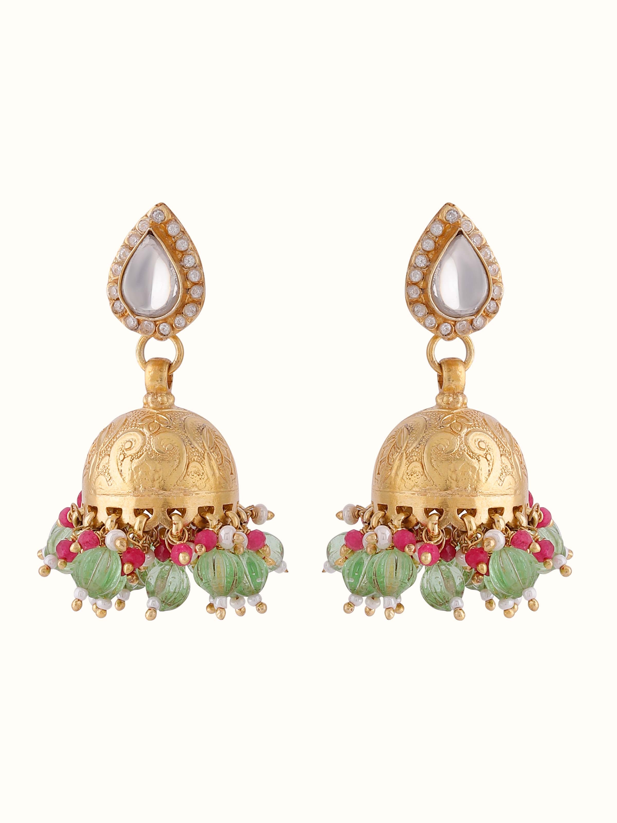 Front view of handcrafted Silver Smithing Jhumkas with intricate silver detailing