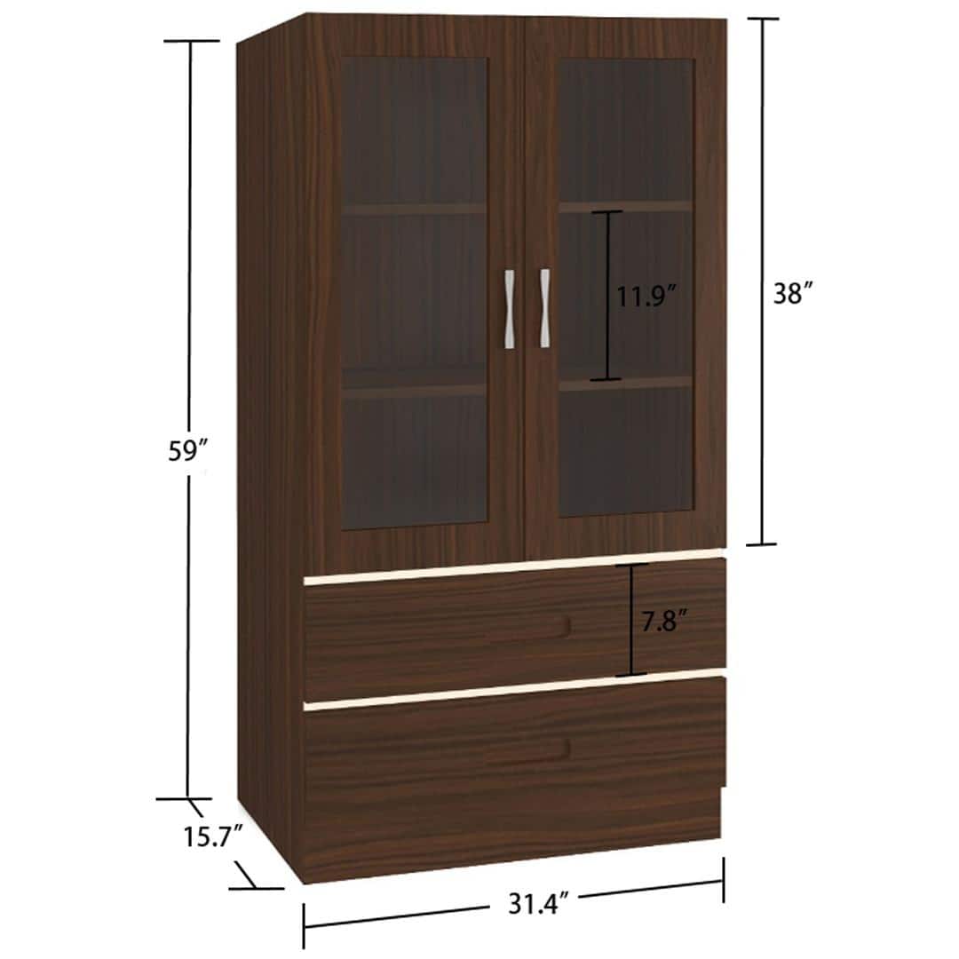 Paloma Large Crockery cum Bookshelf Cabinet with Toughened Glass Shutters and Drawers in Coffee Walnut Light Wood Colour