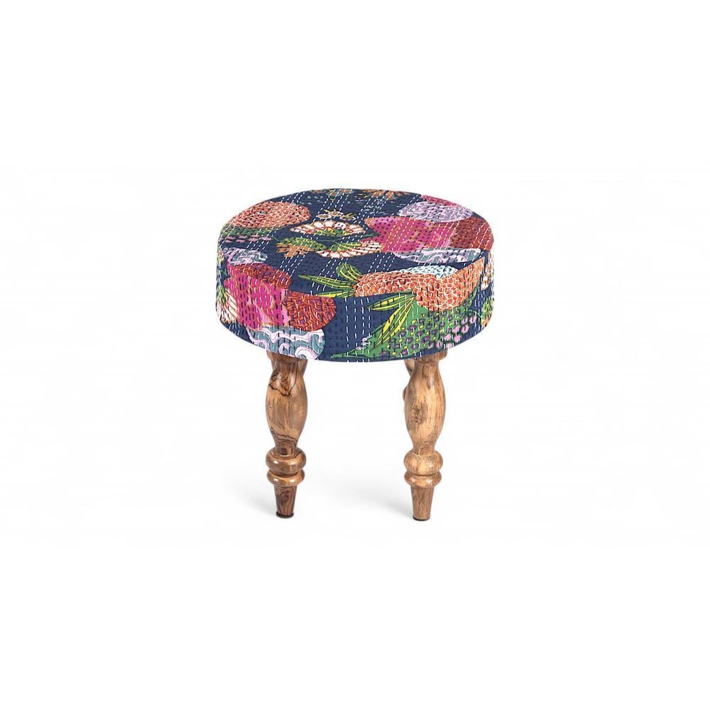 Roswell Sheesham Wood Mid Century Round Set of 2 Stools in Fruit Print Blue Kantha Upholstery