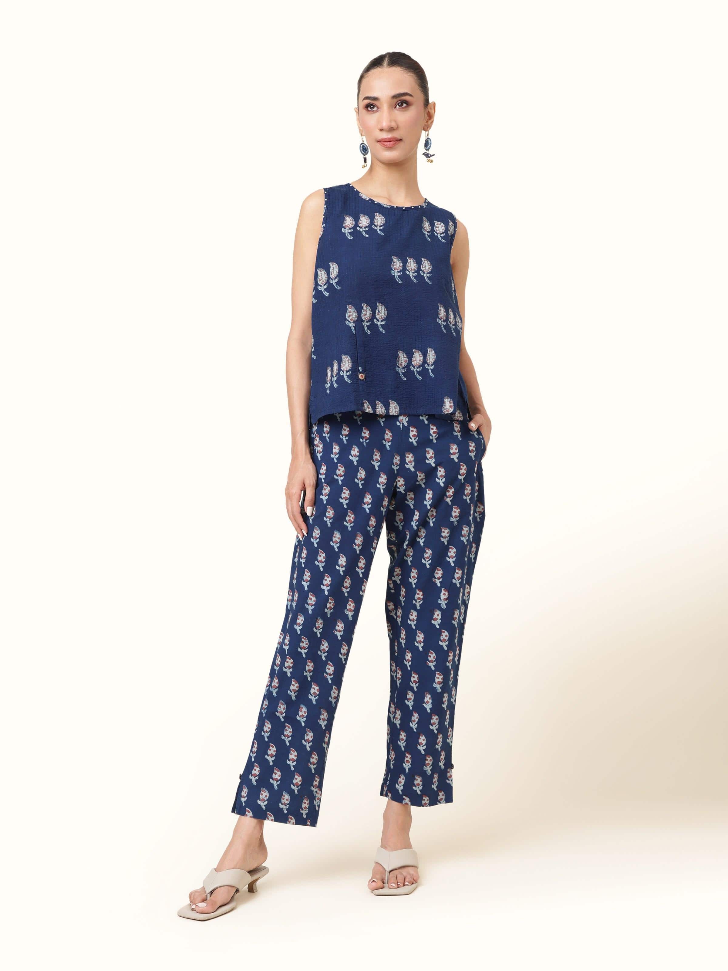 Front view of blue cotton Dabu block printed pant with traditional indigo dye patterns.
