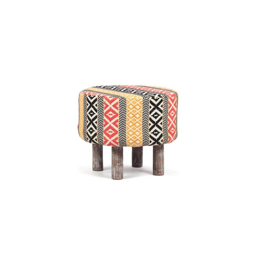 Collio Solid Wood Ottoman Pouffee in Stripe Multi Colour Jackard fabric