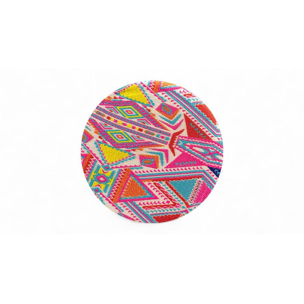 Louisville Acacia Wood Parisian Round Pouffe in Multicolour Jacquard