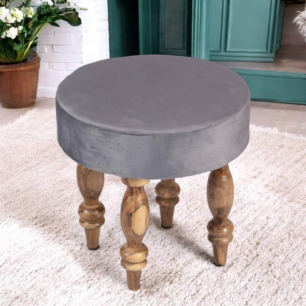 Roswell Sheesham Wood   Round Stool in Iron Grey Velvet Upholstery