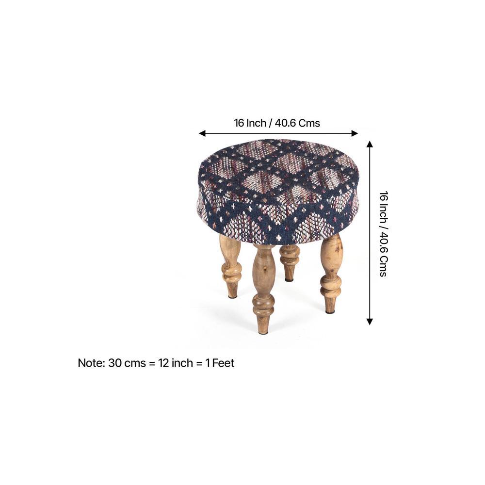 Roswell Sheesham Wood Parisian Round Set of 2 Stools in Blue Jacquard Work Fabric Upholstery