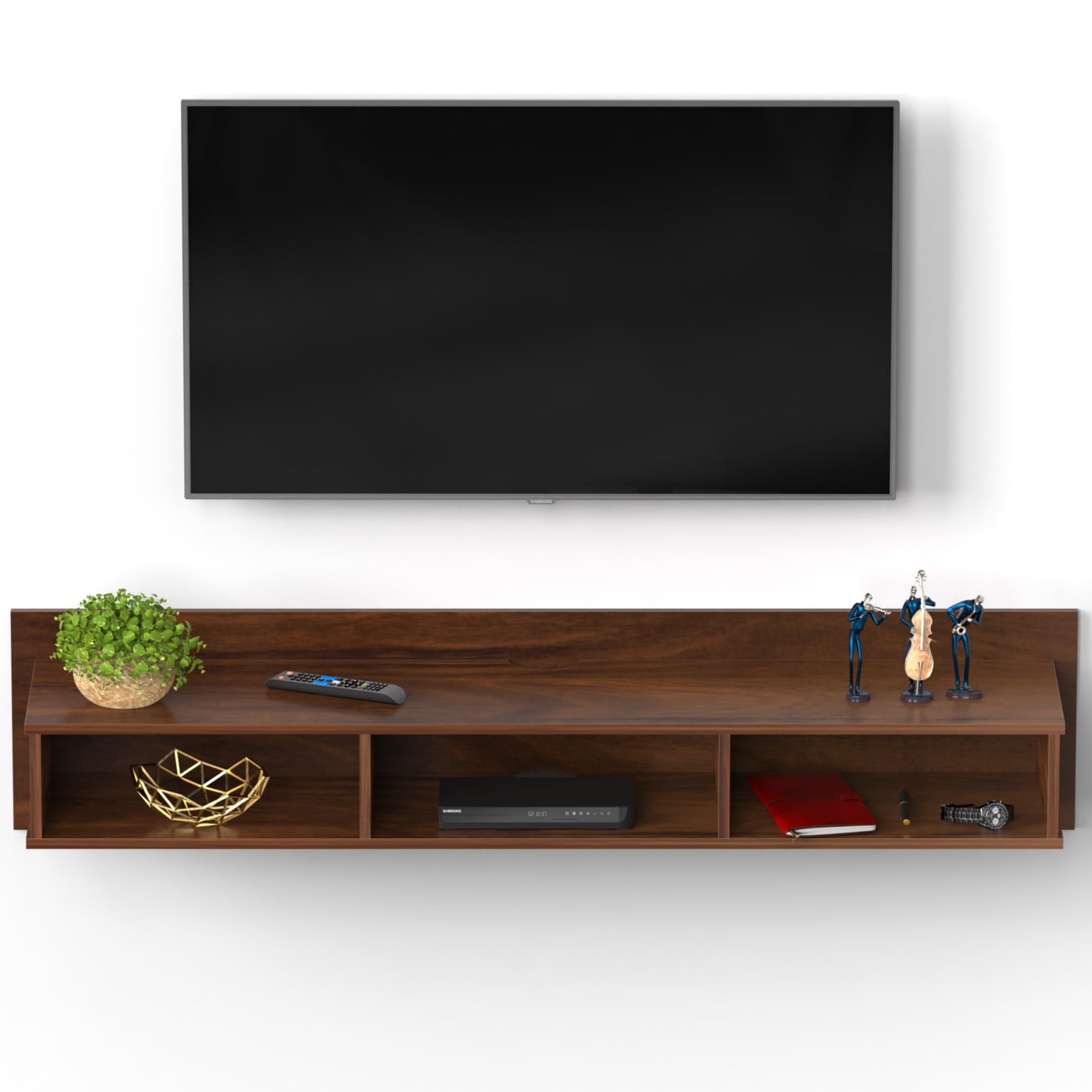 BLUEWUD Coober Engineering Wood Wall Mount TV Entertainment Unit Set Top Box Stand/TV Cabinet Panel with Shelves for Books & D�cor Display Unit Large Upto 50 Inches (Brown Maple)