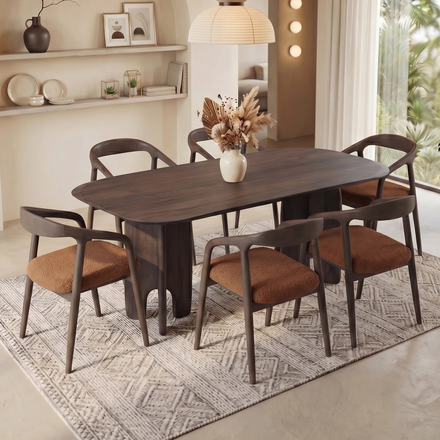 Brava Solid Wood 6 Seater Dining Table with 6 Zen Solid Wood Dining Armchair in (Finish: Danish Walnut, Colour: Rust Boucle) - Urban Ladder