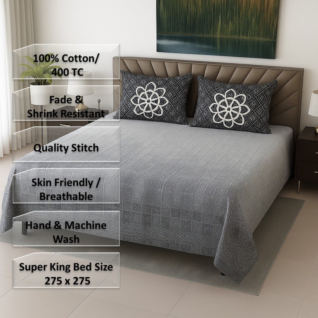 Grey & White Abstract 400 TC Cotton Flat Super King Size Bedsheet With 2 Pilllow Covers