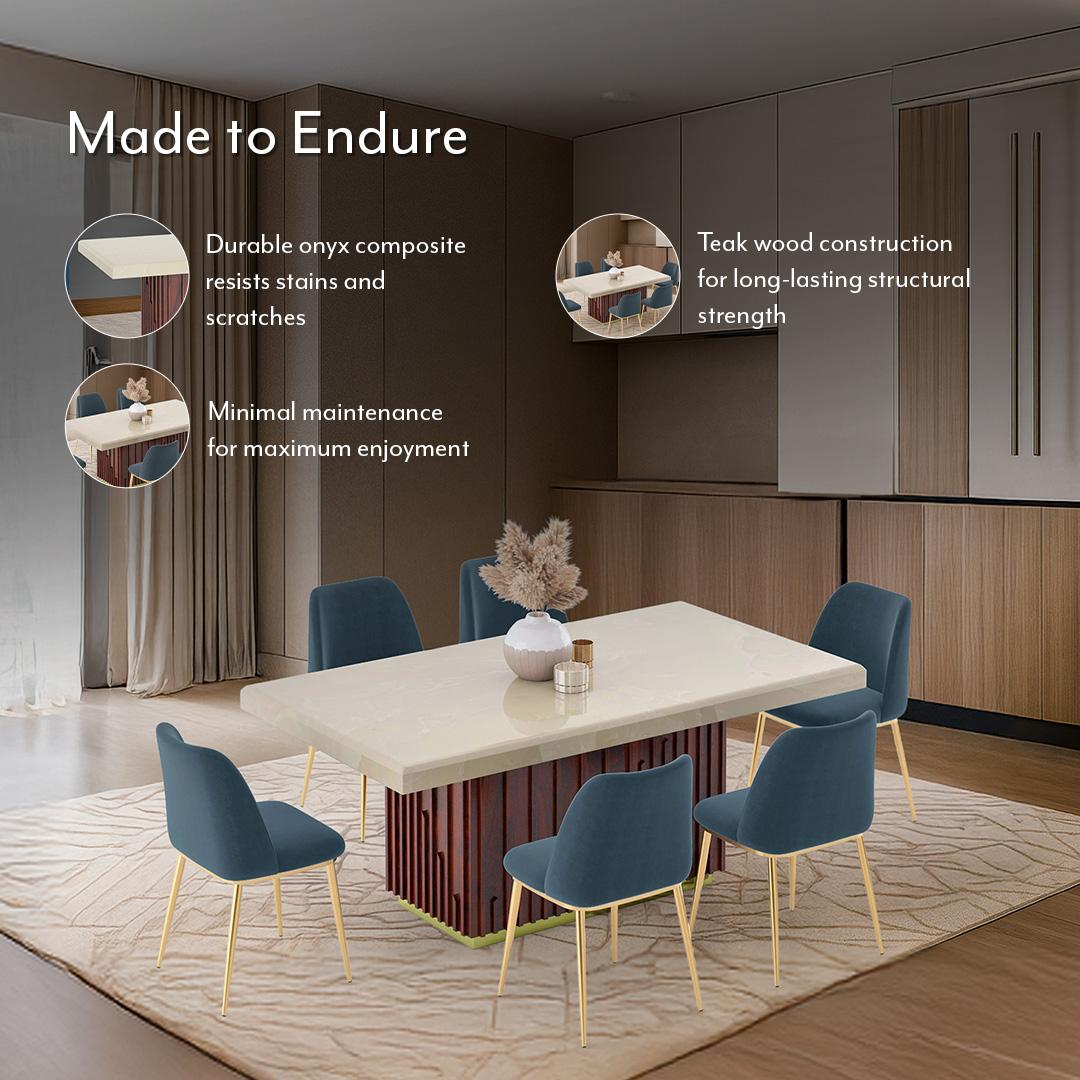 Gabriele Onyx Composite Solid Teak Wood 6 Seater Pedestal Dining Table In Clear Teak Finish